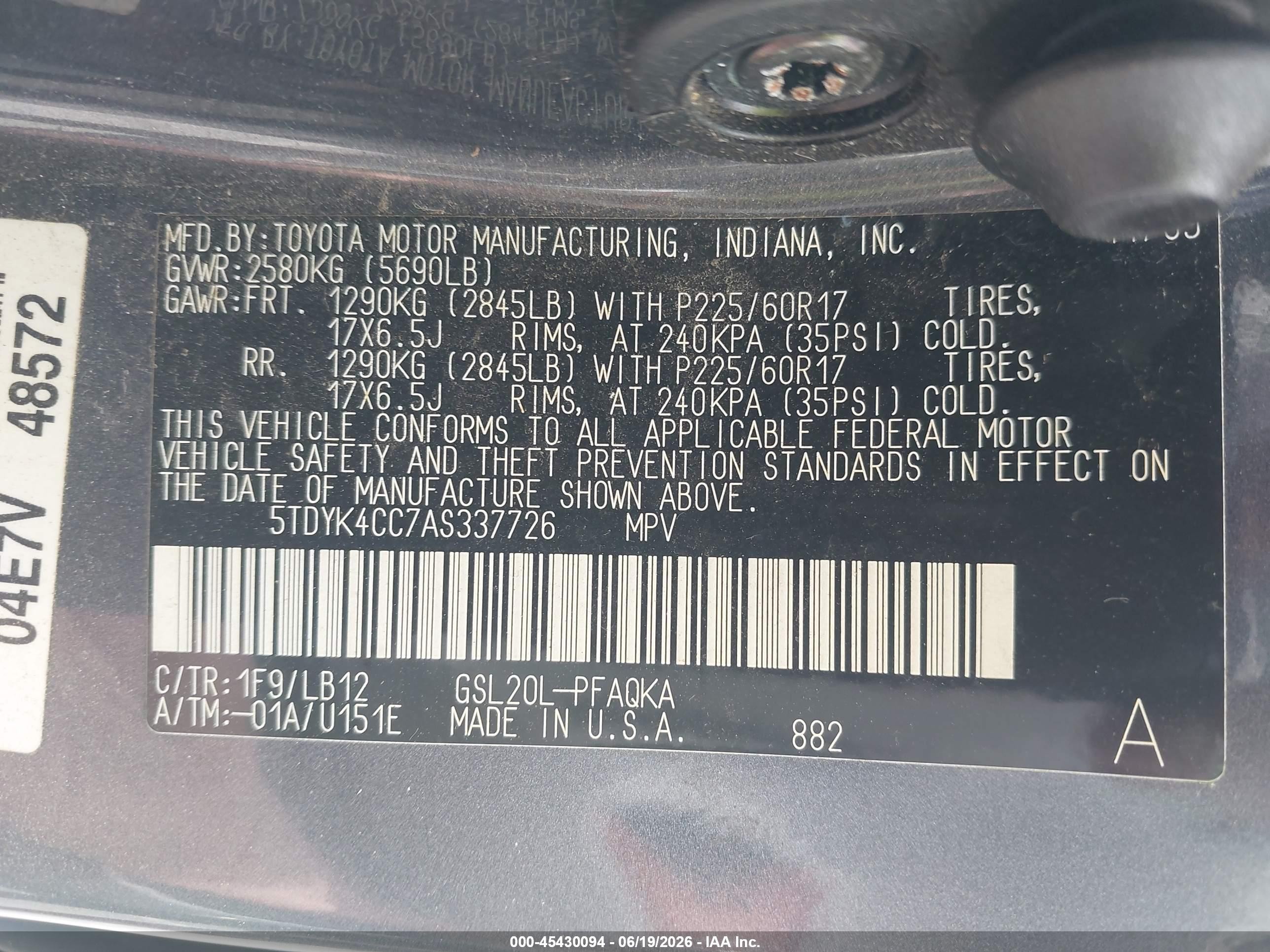 2010 Toyota Sienna Xle Blue vin: 5TDYK4CC7AS337726