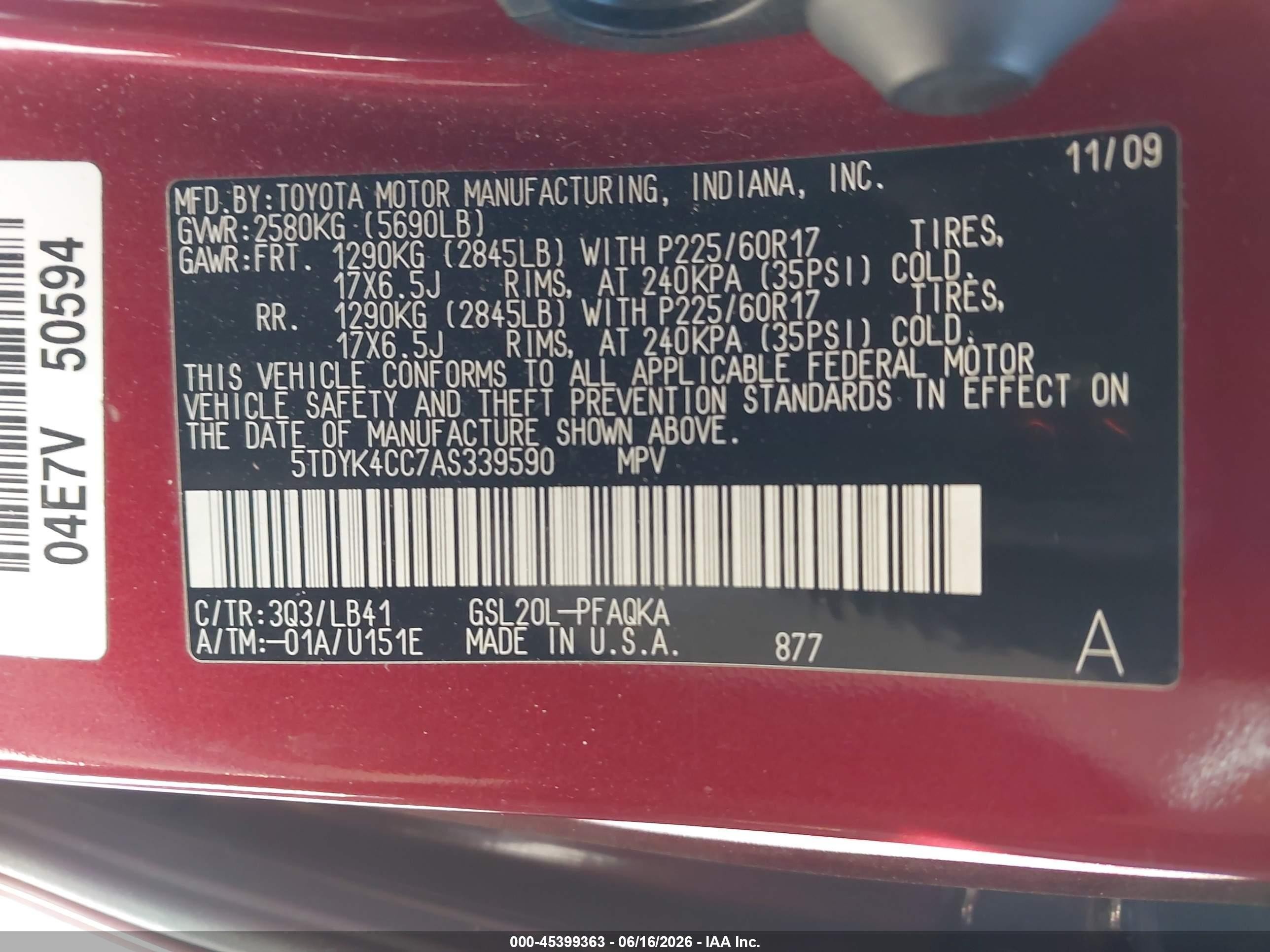 2010 Toyota Sienna Xle Red vin: 5TDYK4CC7AS339590