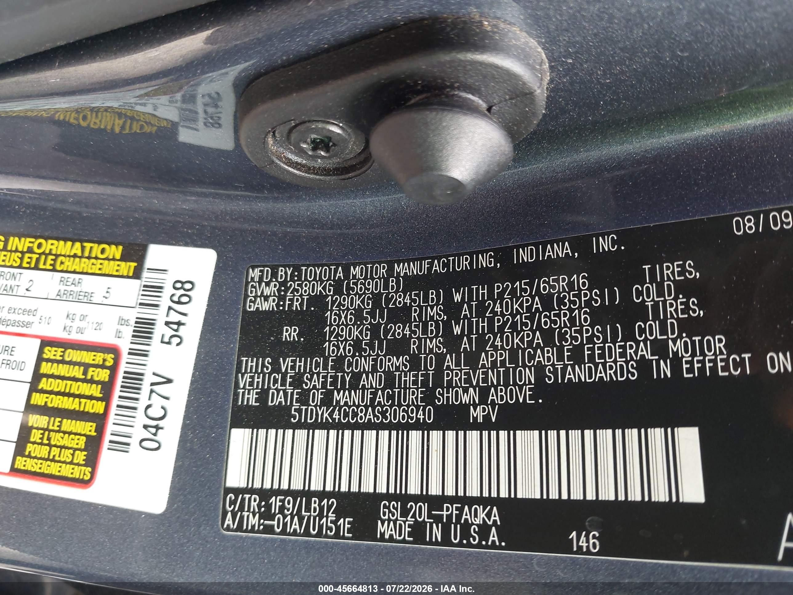 2010 Toyota Sienna Xle Blue vin: 5TDYK4CC8AS306940