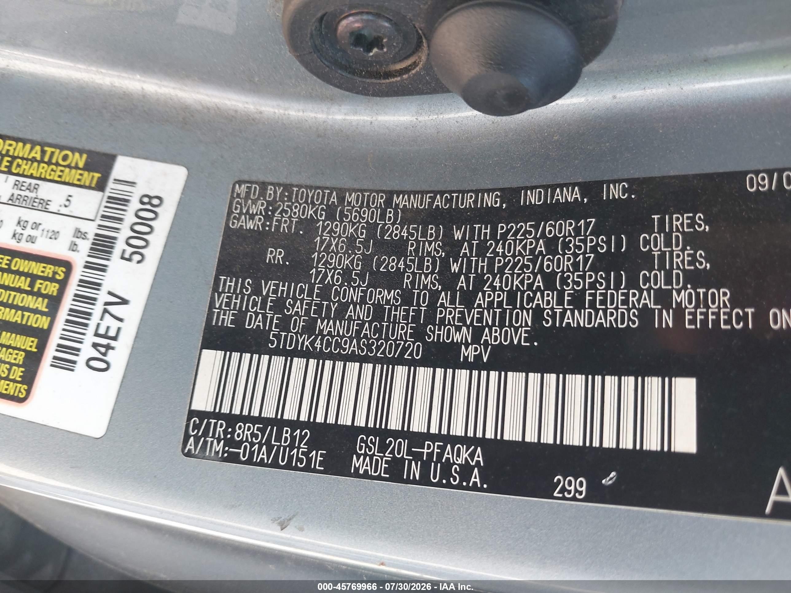 2010 Toyota Sienna Xle Blue vin: 5TDYK4CC9AS320720