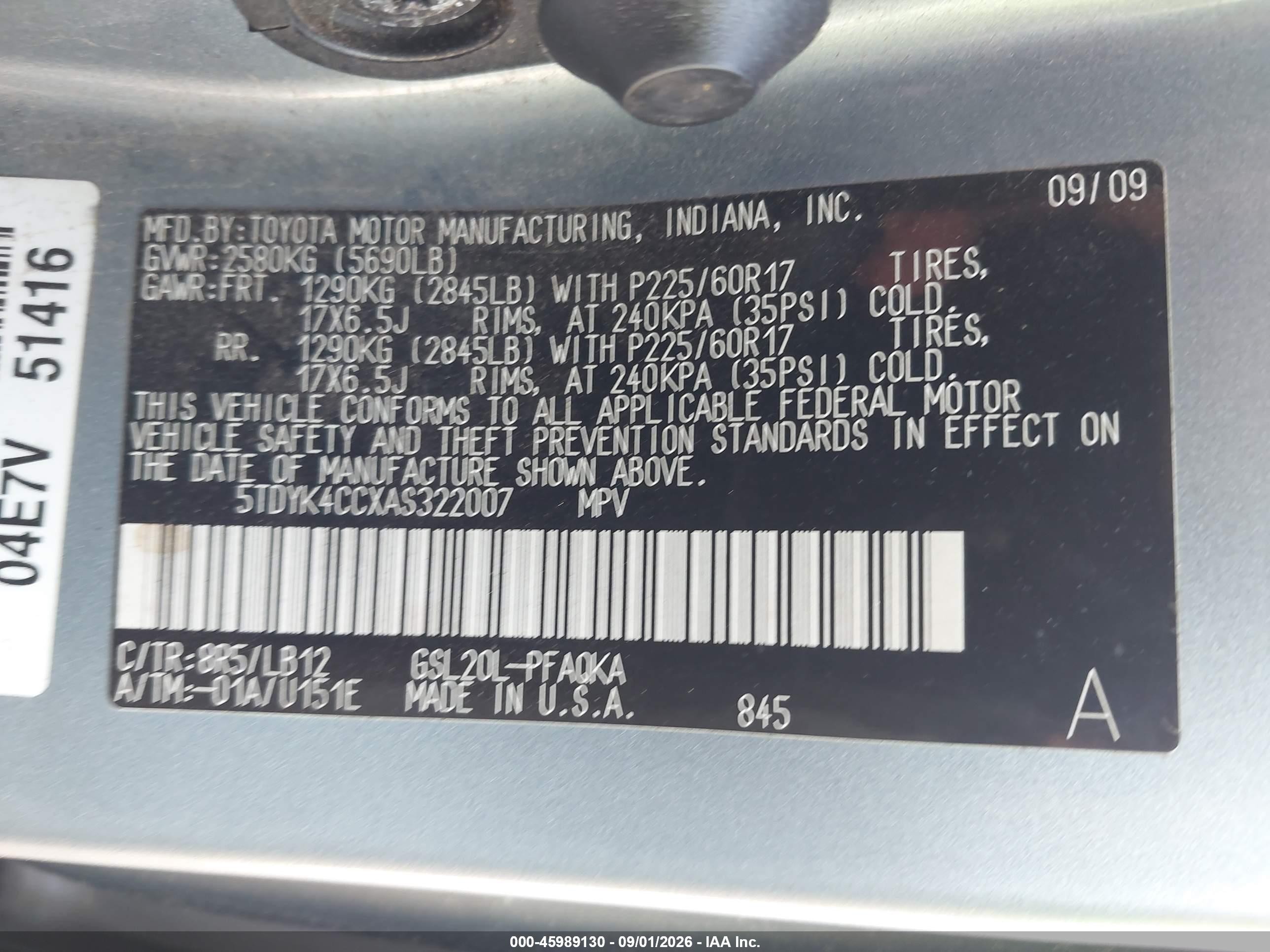 2010 Toyota Sienna Xle Light Blue vin: 5TDYK4CCXAS322007