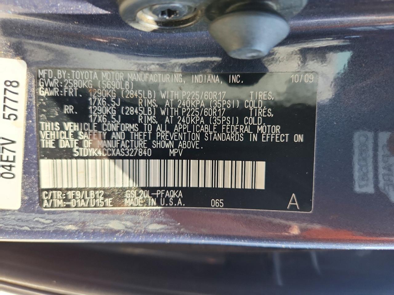 2010 Toyota Sienna Xle Charcoal vin: 5TDYK4CCXAS327840