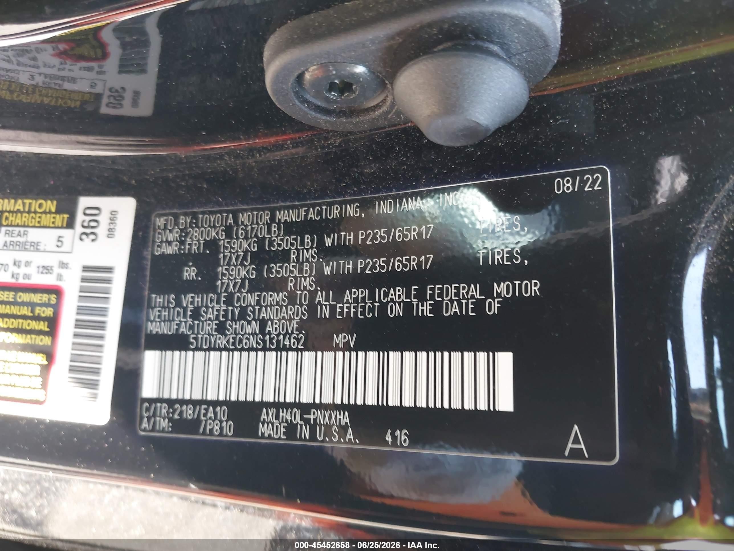 2022 Toyota Sienna Xle Black vin: 5TDYRKEC6NS131462
