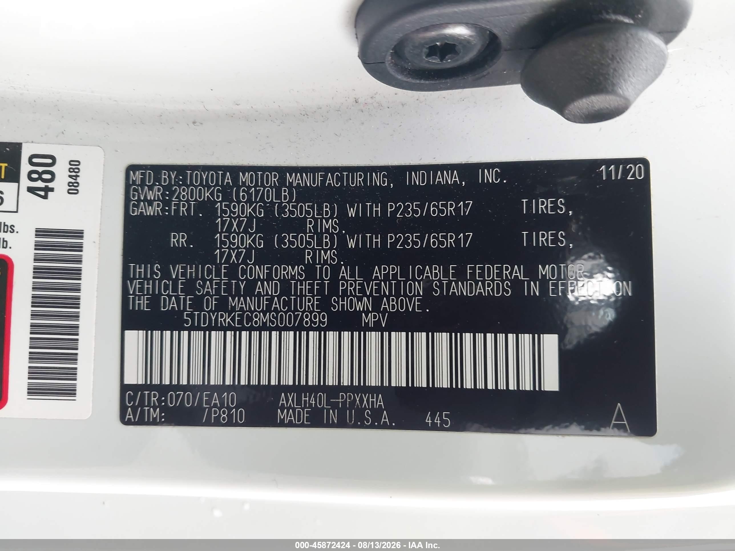 2021 Toyota Sienna Xle White vin: 5TDYRKEC8MS007899