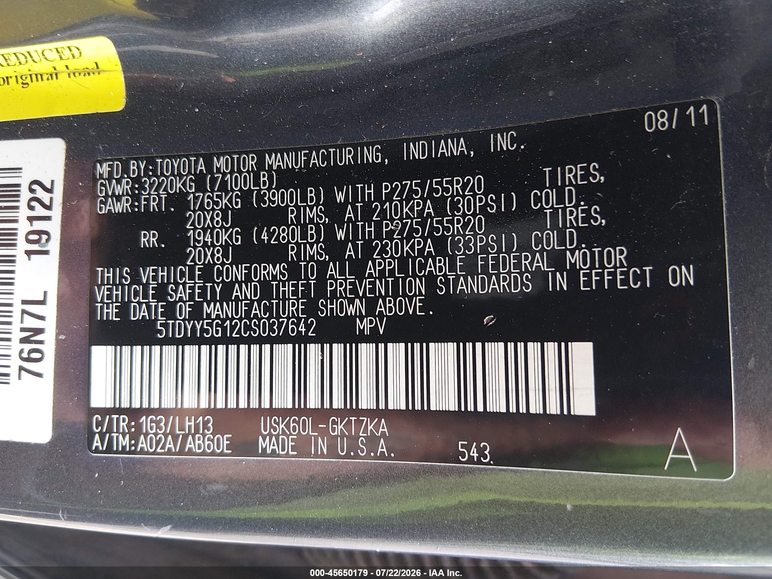 2012 Toyota Sequoia Platinum 5.7l V8 Серый vin: 5TDYY5G12CS037642
