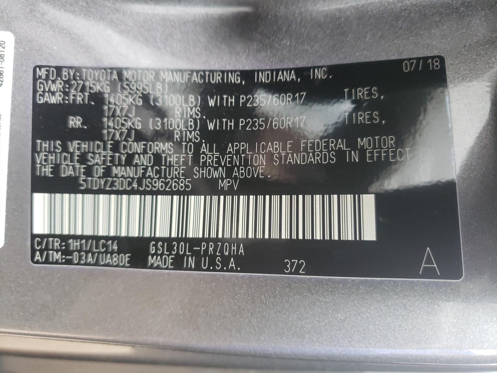 2018 Toyota Sienna Xle Gray vin: 5TDYZ3DC4JS962685