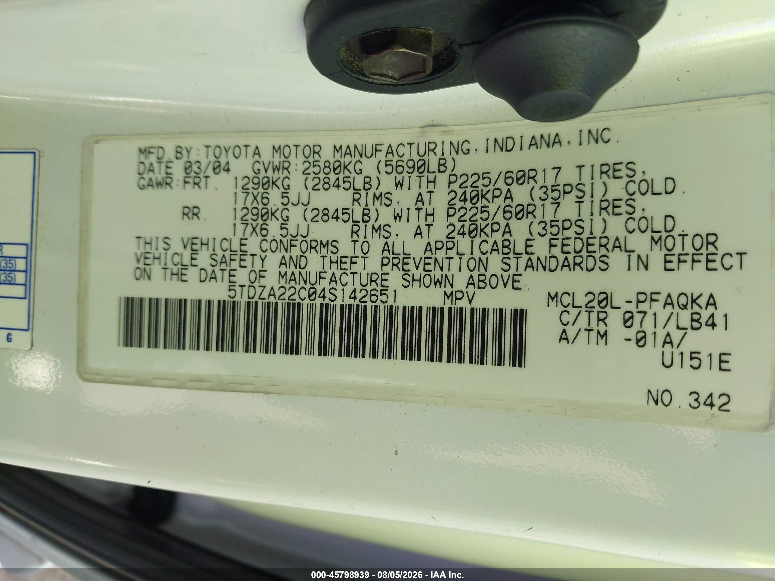 2004 Toyota Sienna Xle Limited Белый vin: 5TDZA22C04S142651