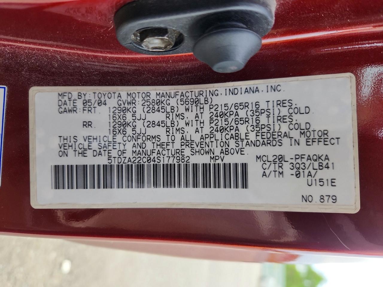 2004 Toyota Sienna Xle 7 Passenger Бордовый vin: 5TDZA22C04S177982