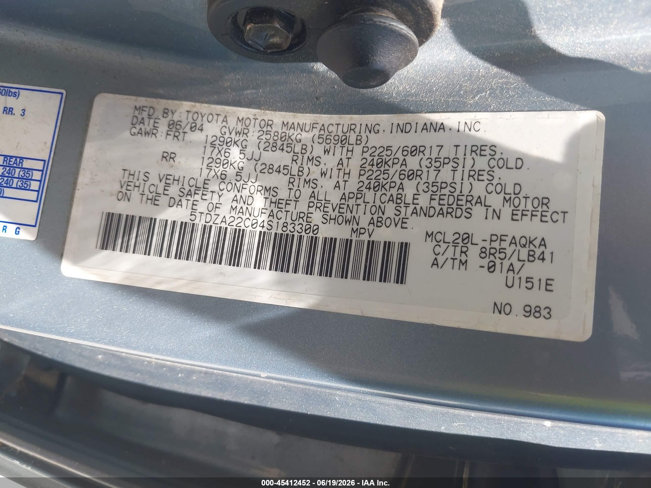 2004 Toyota Sienna Xle Limited Blue vin: 5TDZA22C04S183300