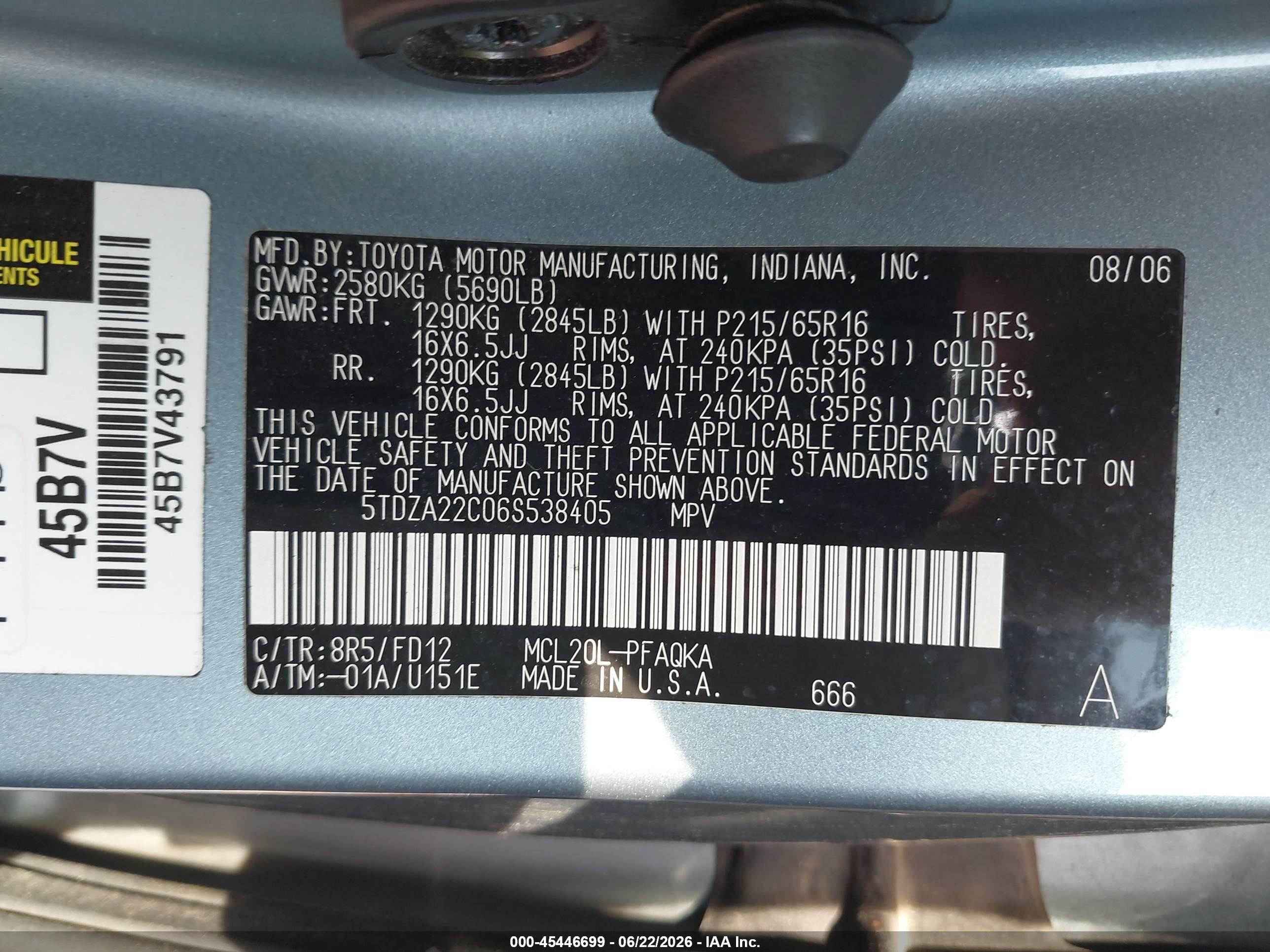 2006 Toyota Sienna Xle Light Blue vin: 5TDZA22C06S538405