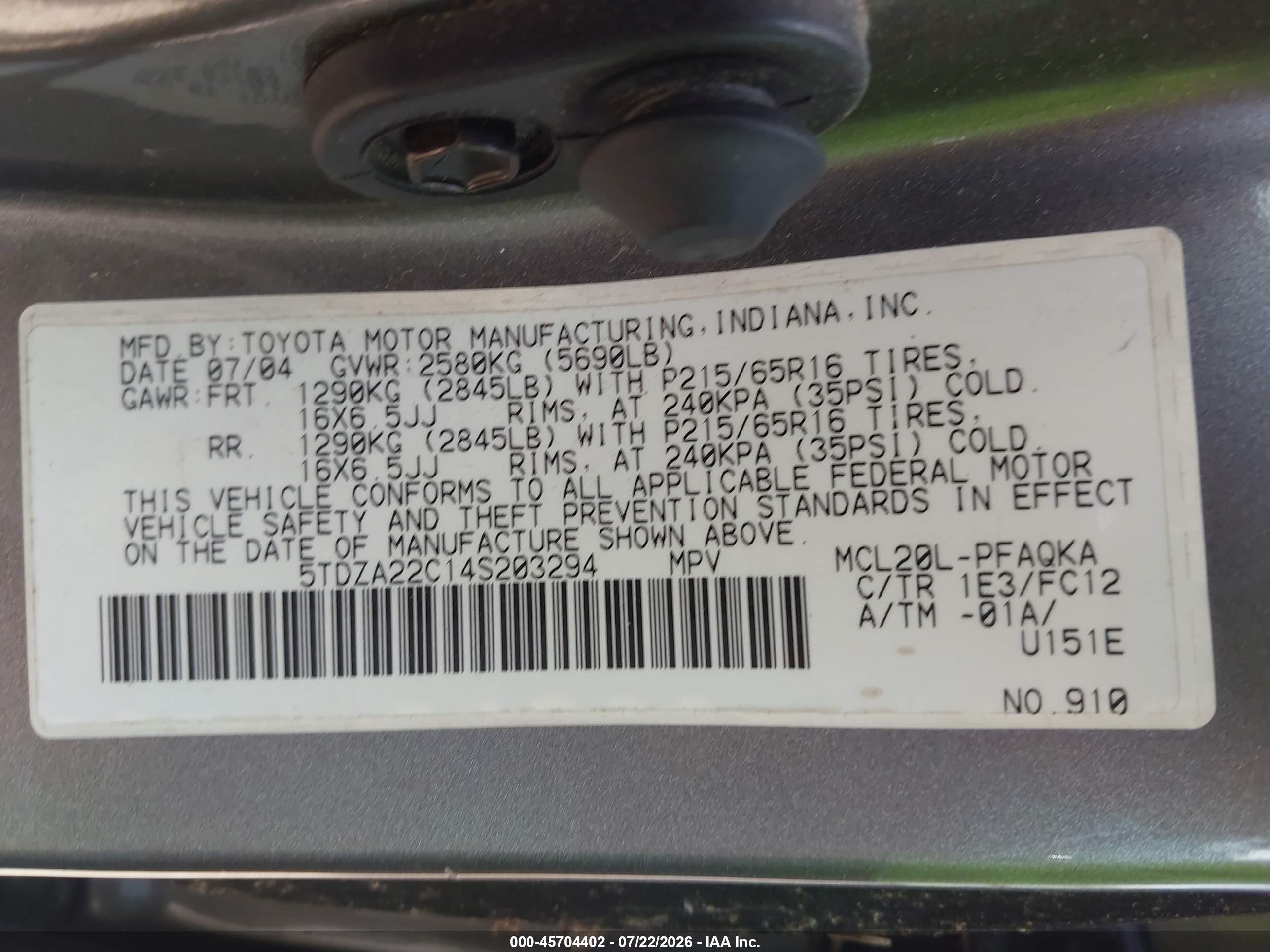 2004 Toyota Sienna Xle Gray vin: 5TDZA22C14S203294