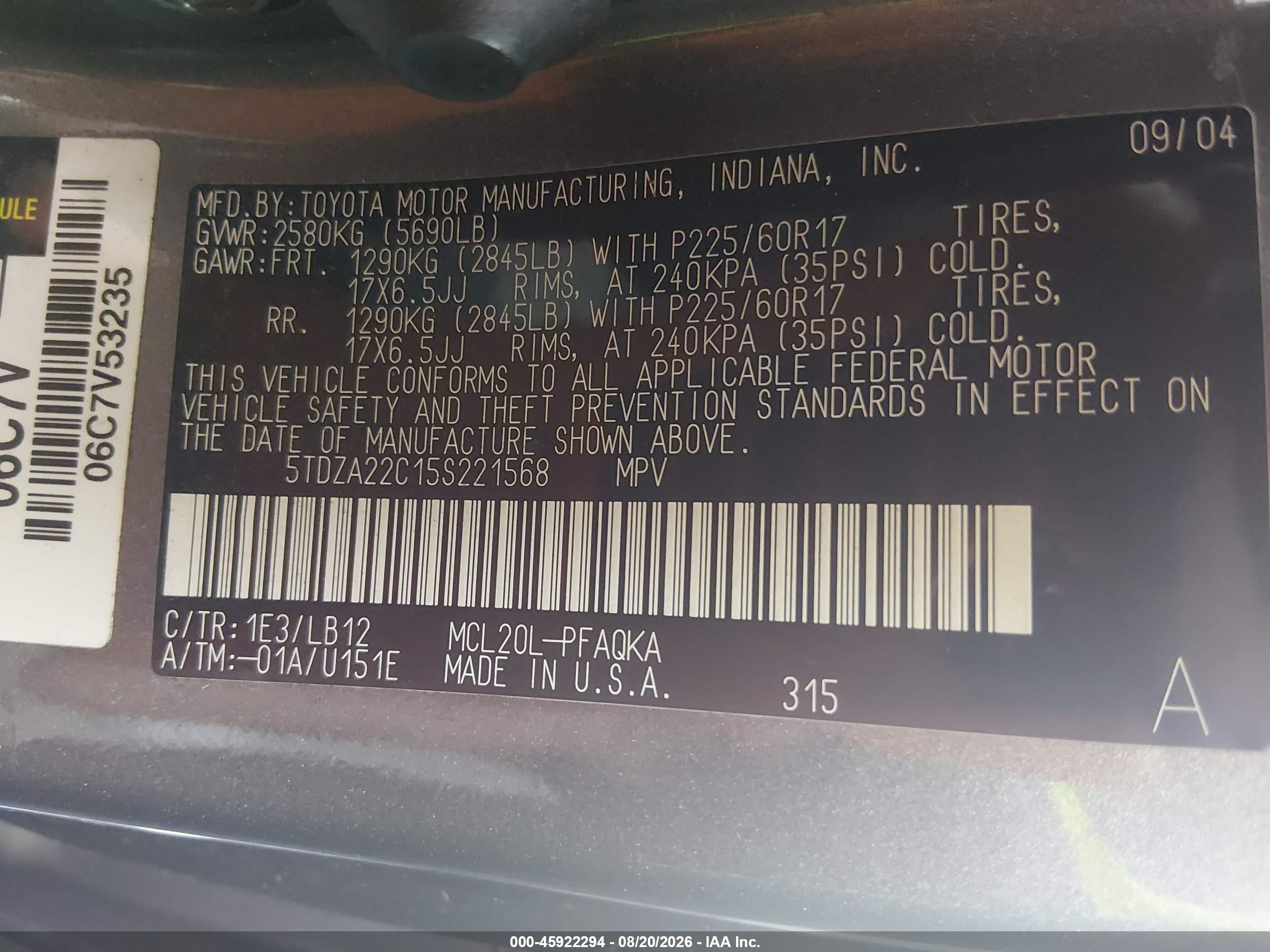 2005 Toyota Sienna Xle Gray vin: 5TDZA22C15S221568