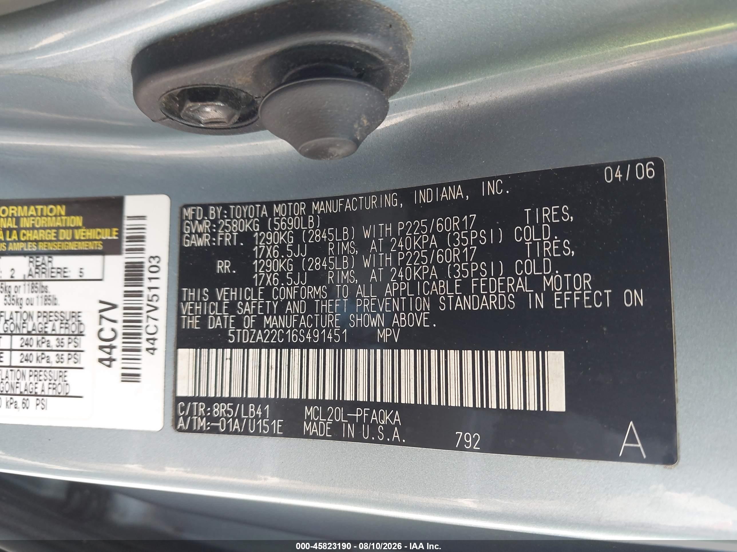 2006 Toyota Sienna Xle Blue vin: 5TDZA22C16S491451