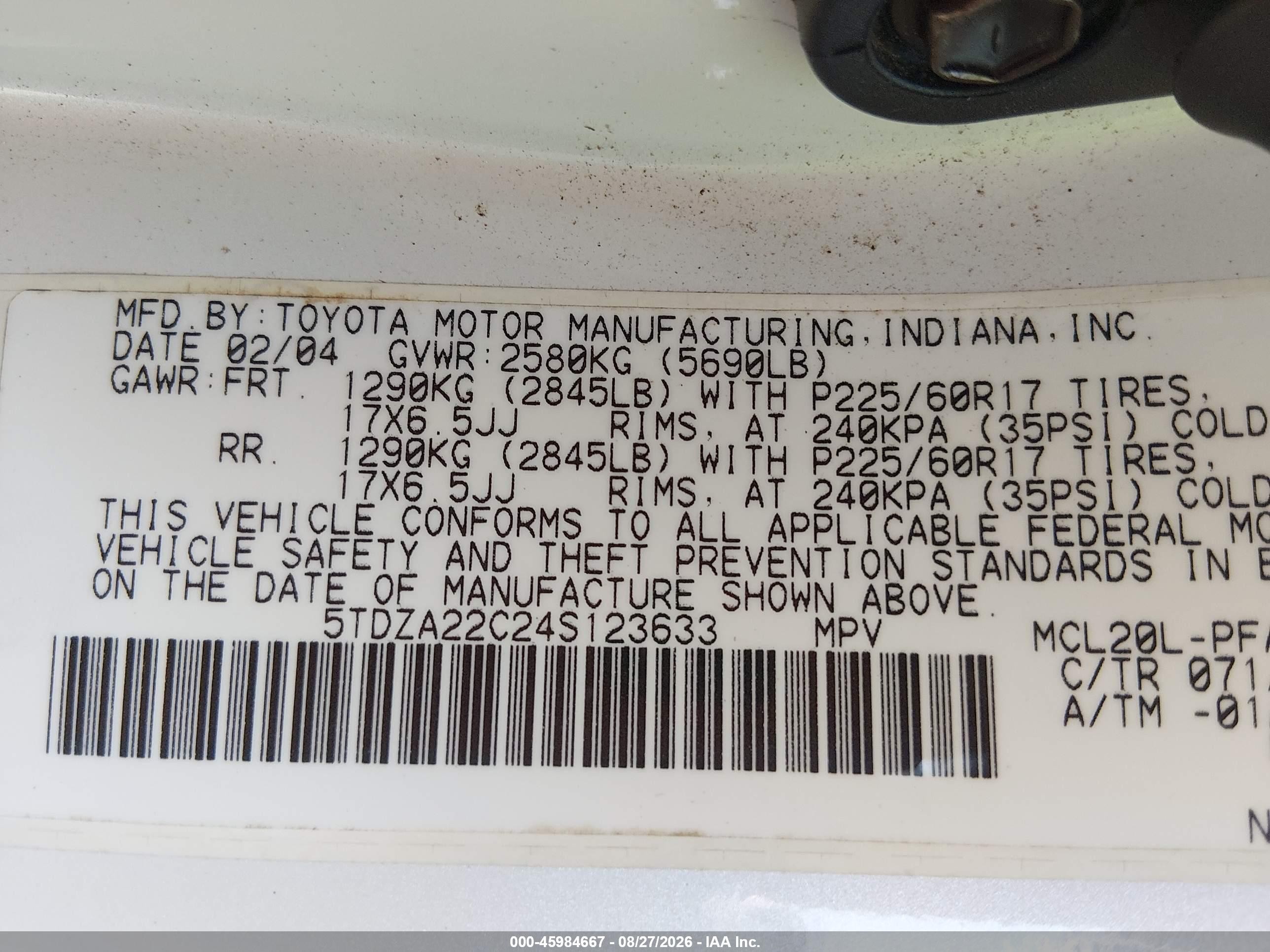 2004 Toyota Sienna Xle White vin: 5TDZA22C24S123633