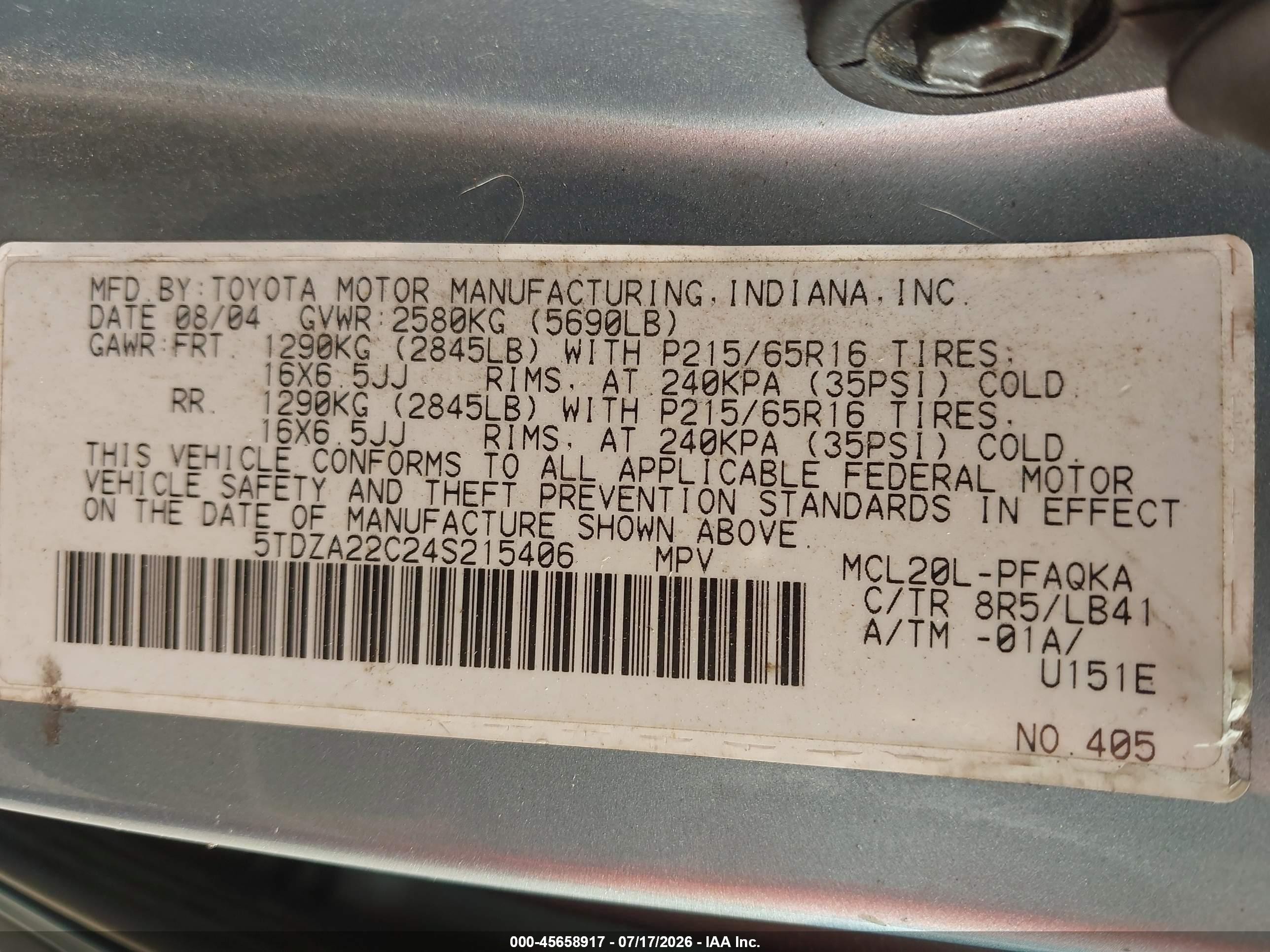 2004 Toyota Sienna Xle Blue vin: 5TDZA22C24S215406