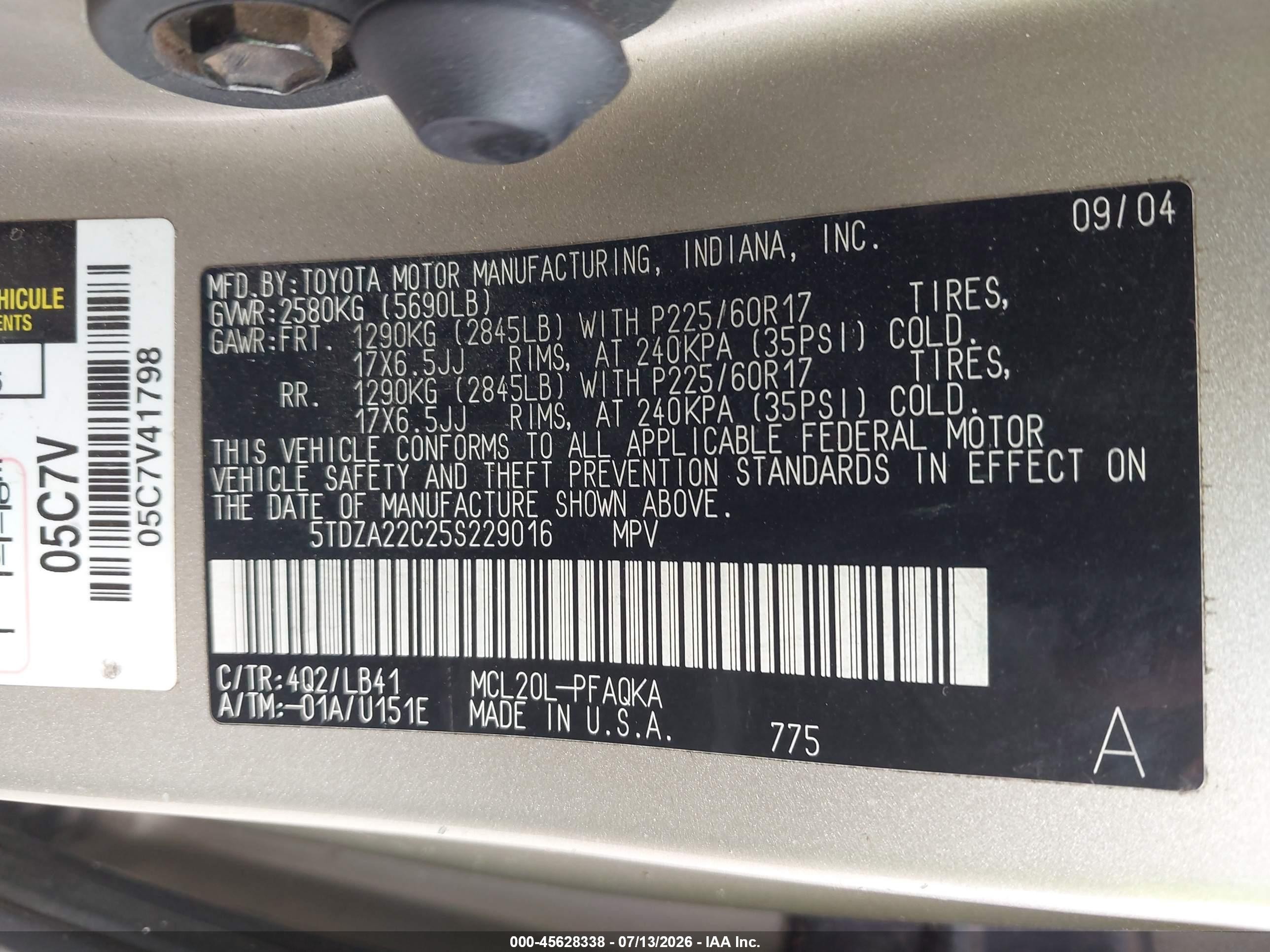 2005 Toyota Sienna Xle Limited Gold vin: 5TDZA22C25S229016
