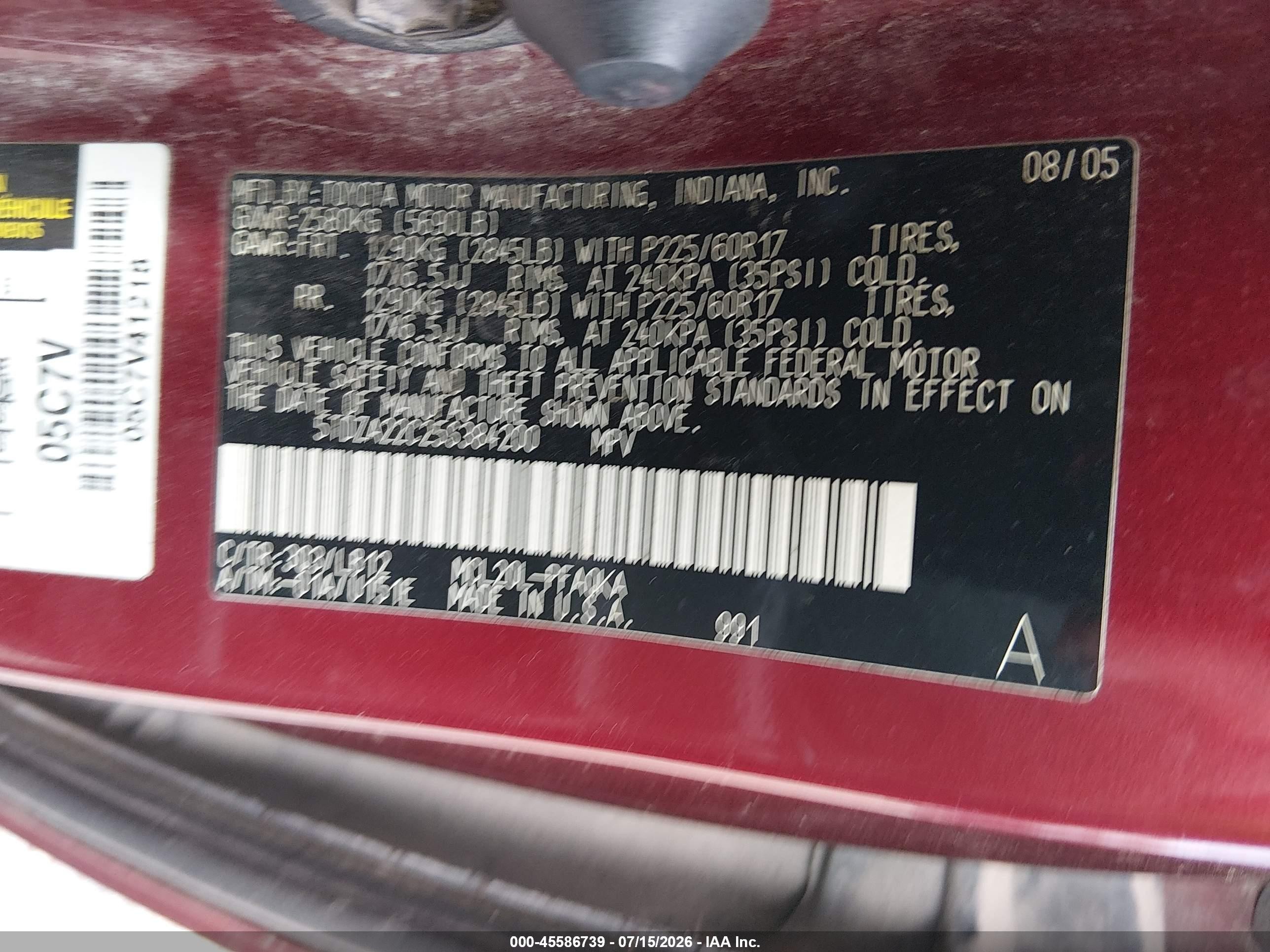2005 Toyota Sienna Xle Limited Burgundy vin: 5TDZA22C25S384200