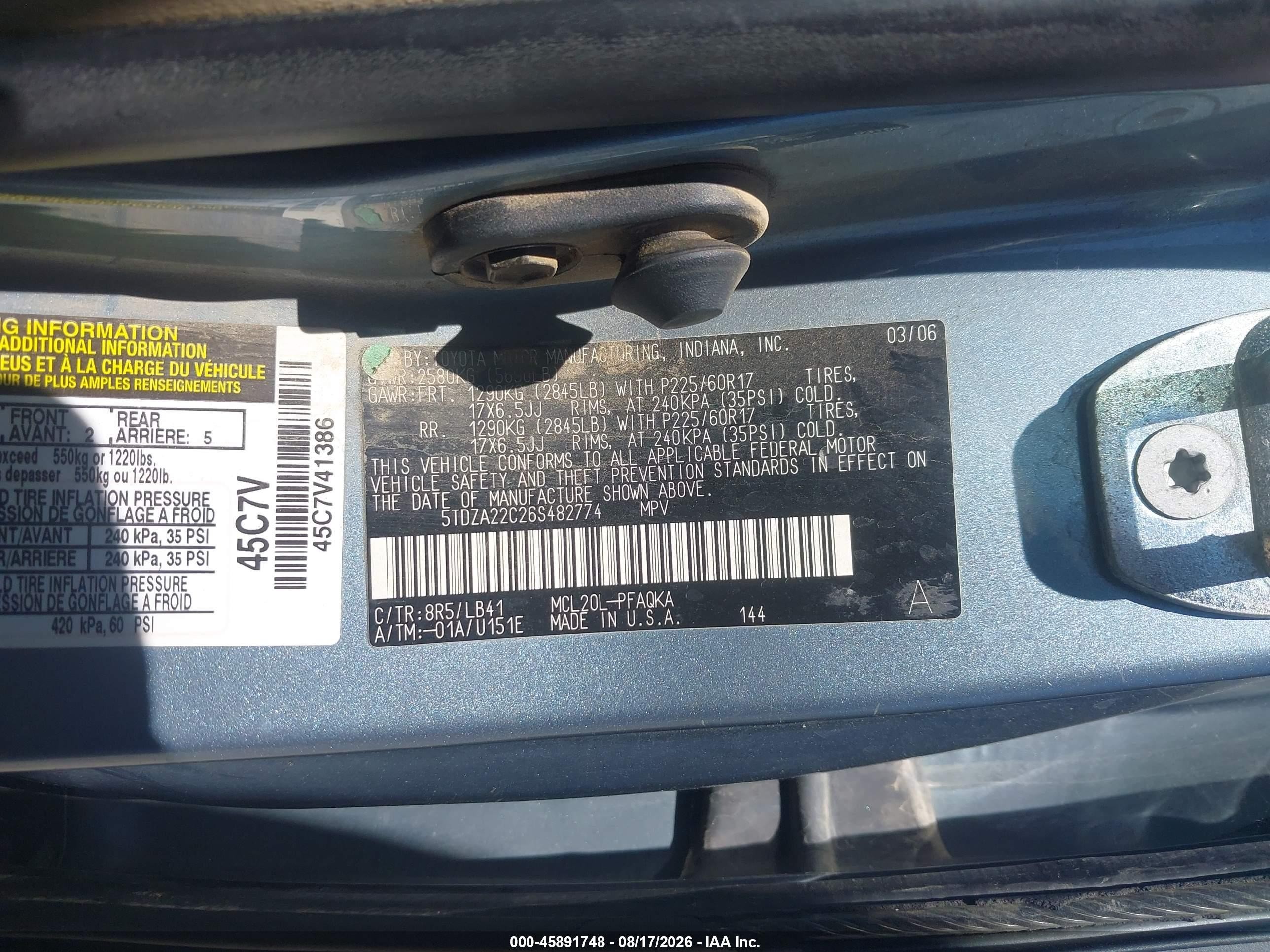 2006 Toyota Sienna Xle Blue vin: 5TDZA22C26S482774
