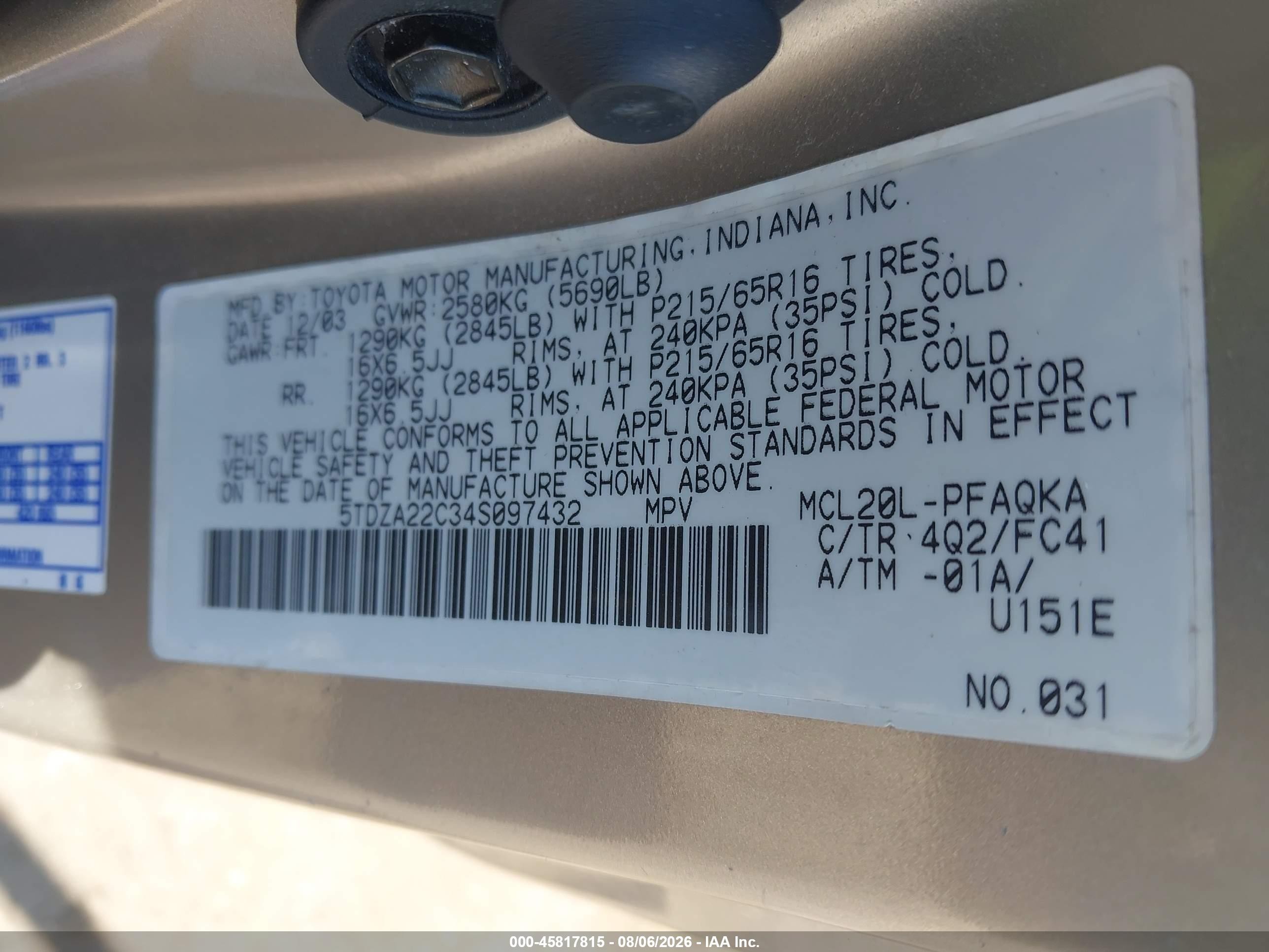 2004 Toyota Sienna Xle Tan vin: 5TDZA22C34S097432