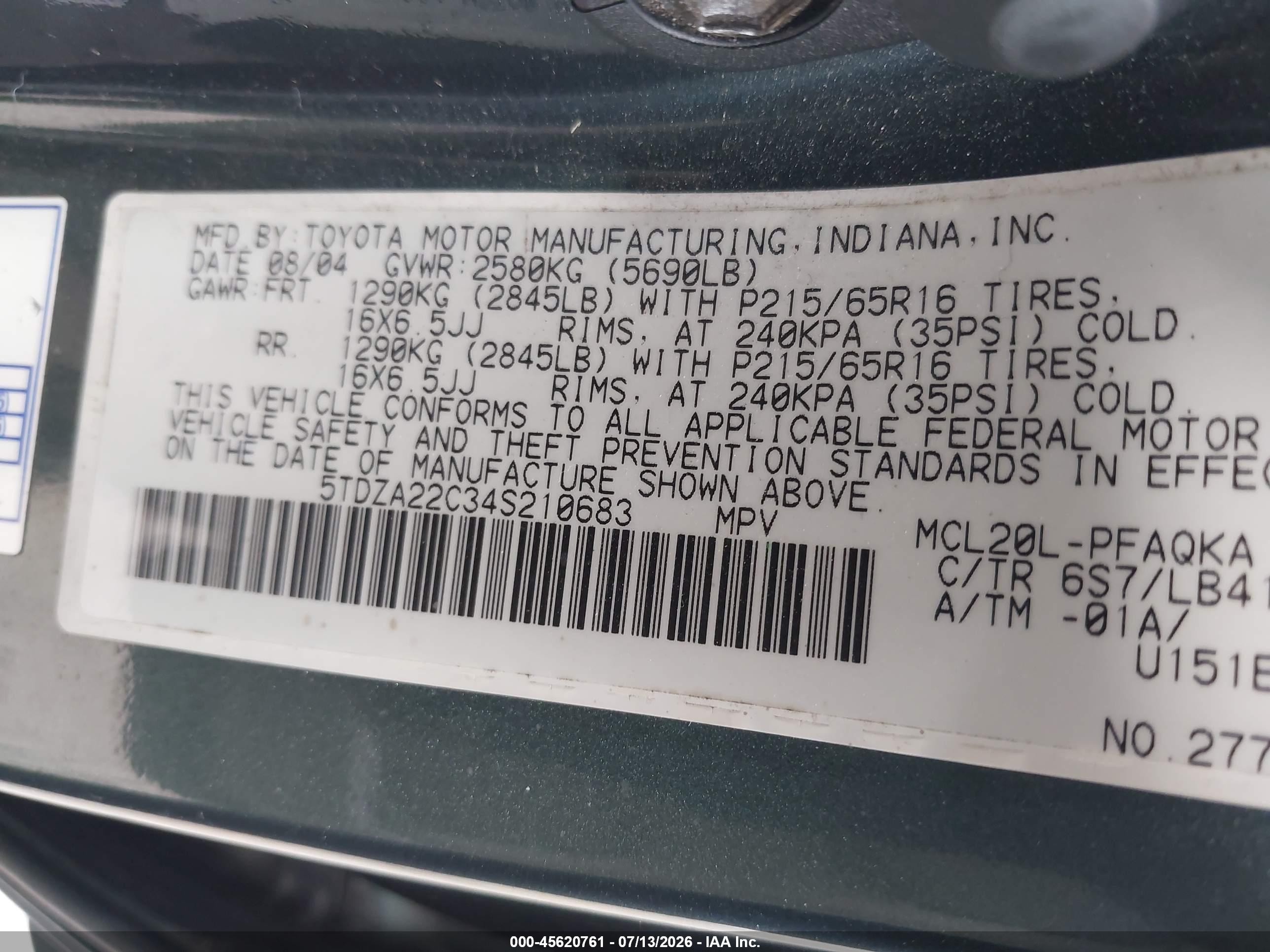 2004 Toyota Sienna Xle Green vin: 5TDZA22C34S210683