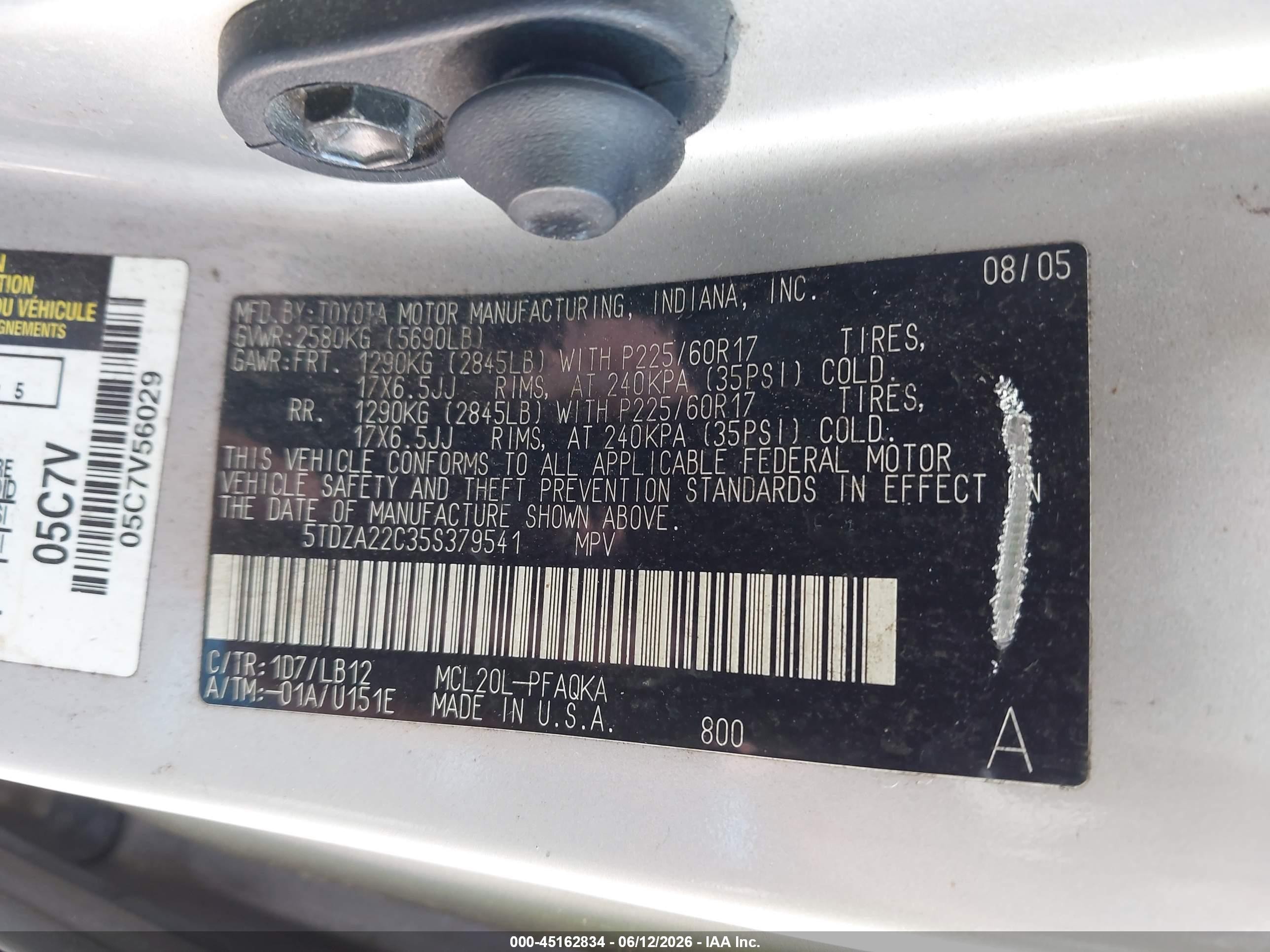 2005 Toyota Sienna Xle Limited Gold vin: 5TDZA22C35S379541