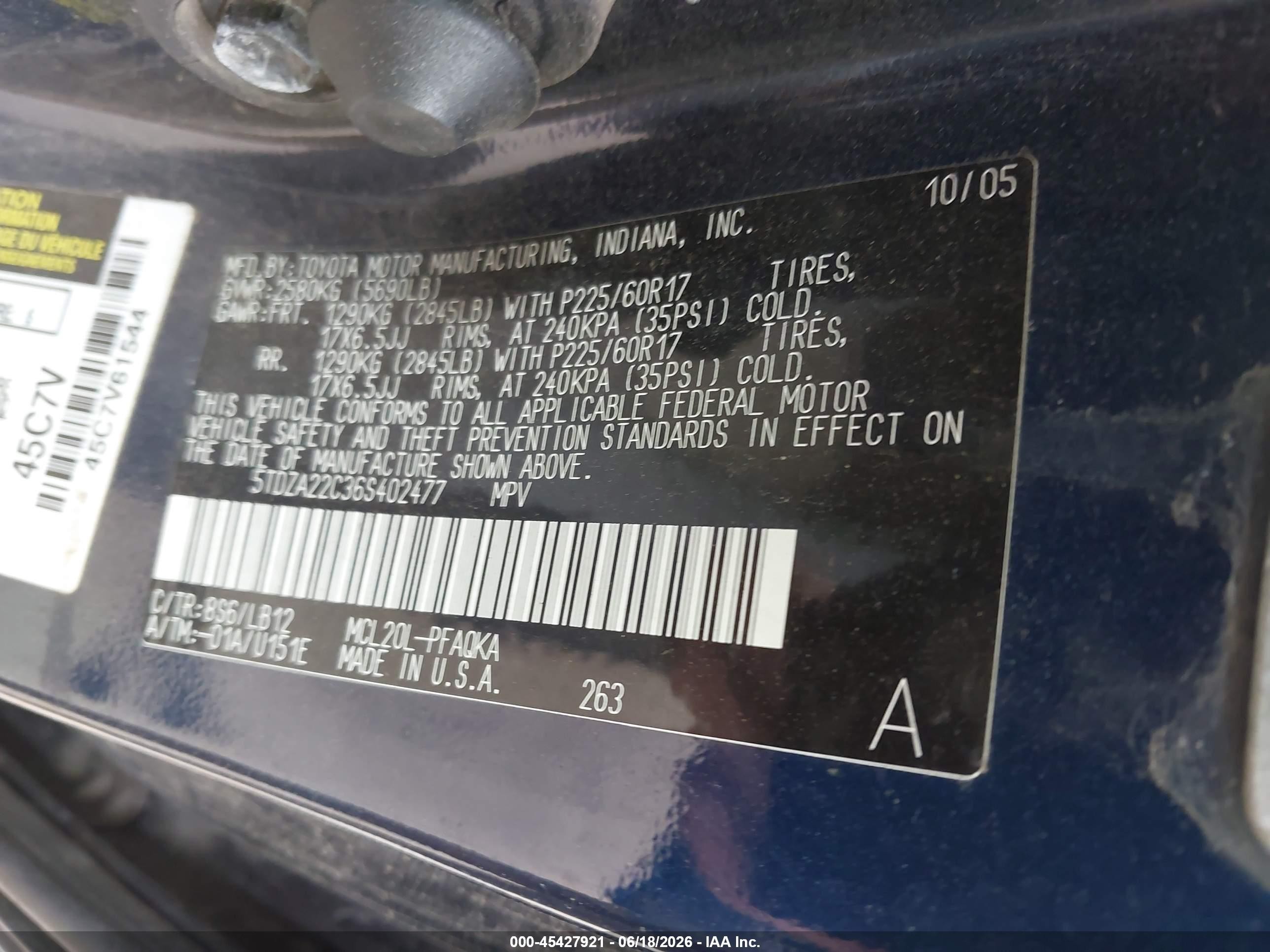 2006 Toyota Sienna Xle Blue vin: 5TDZA22C36S402477