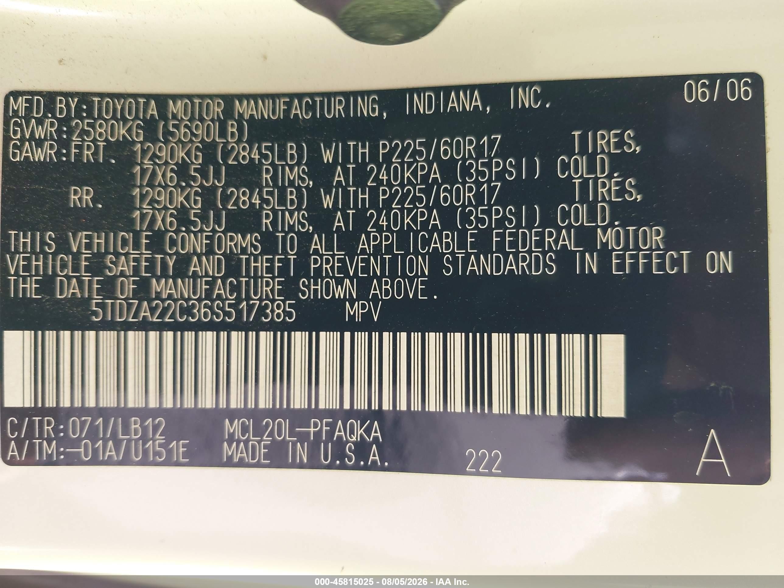 2006 Toyota Sienna Xle Limited White vin: 5TDZA22C36S517385
