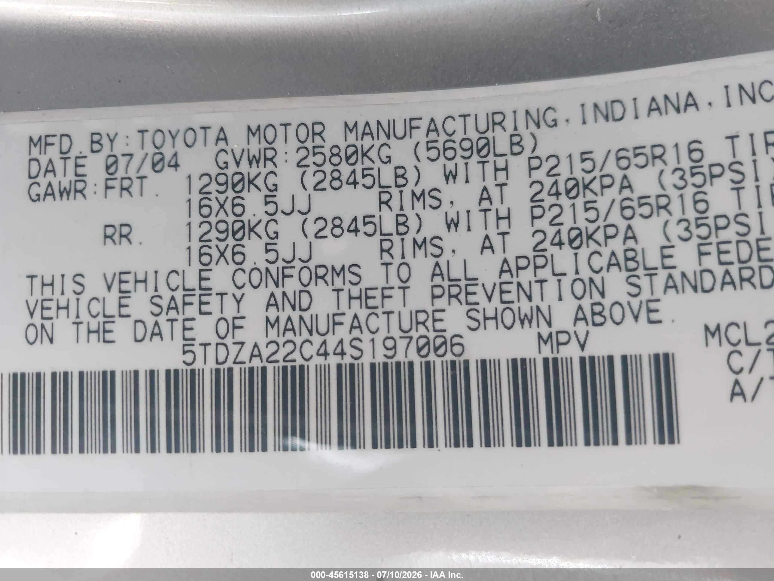 2004 Toyota Sienna Xle Silver vin: 5TDZA22C44S197006