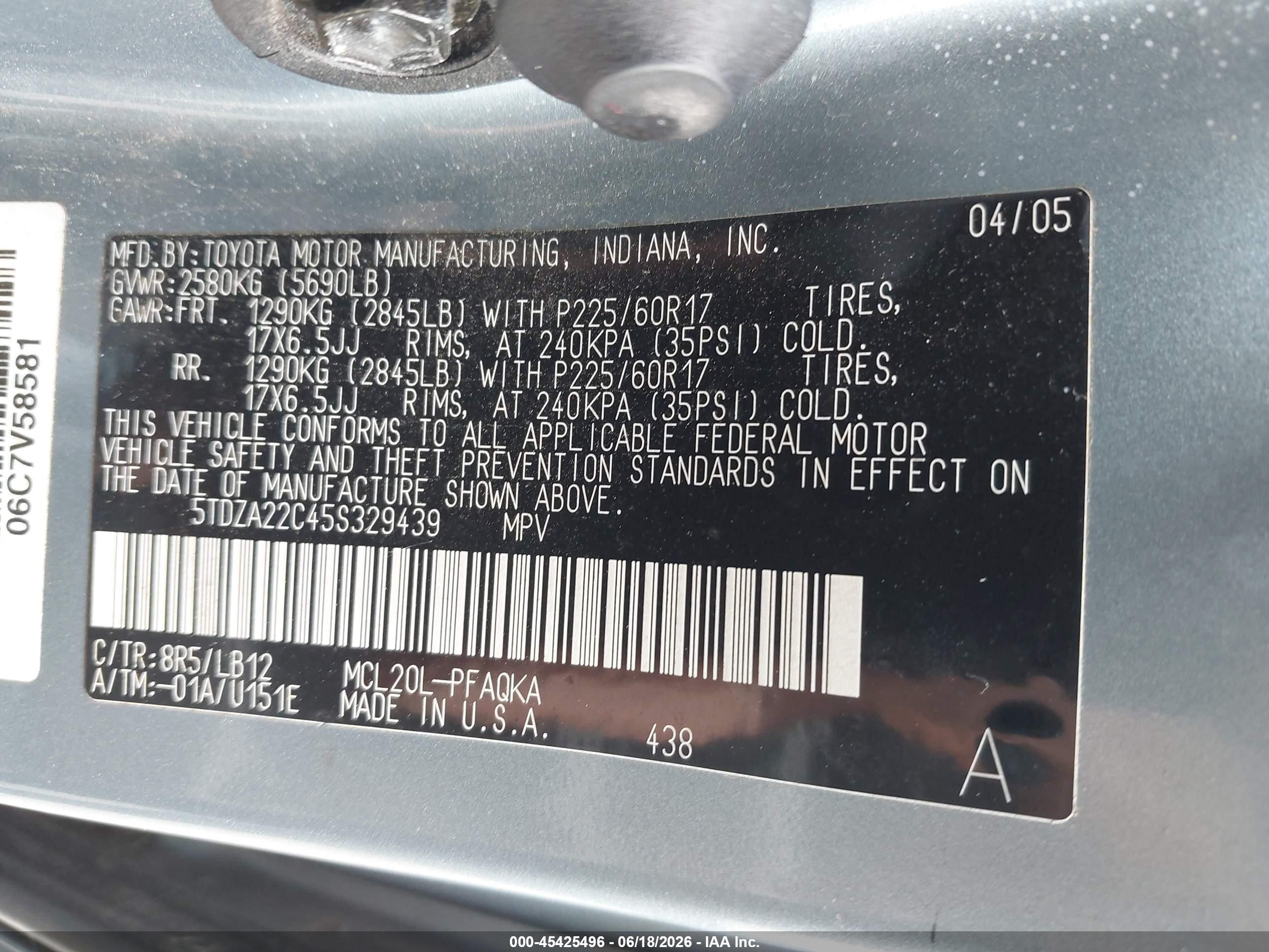 2005 Toyota Sienna Xle Blue vin: 5TDZA22C45S329439