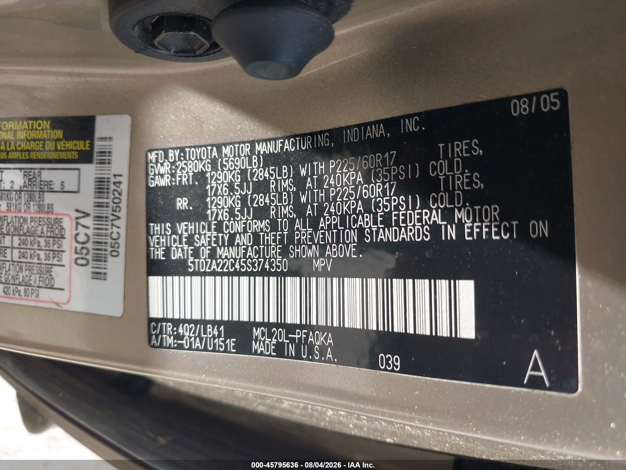 2005 Toyota Sienna Xle Limited Tan vin: 5TDZA22C45S374350