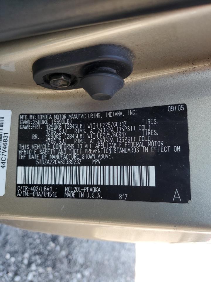 2006 Toyota Sienna Xle Gold vin: 5TDZA22C46S389237