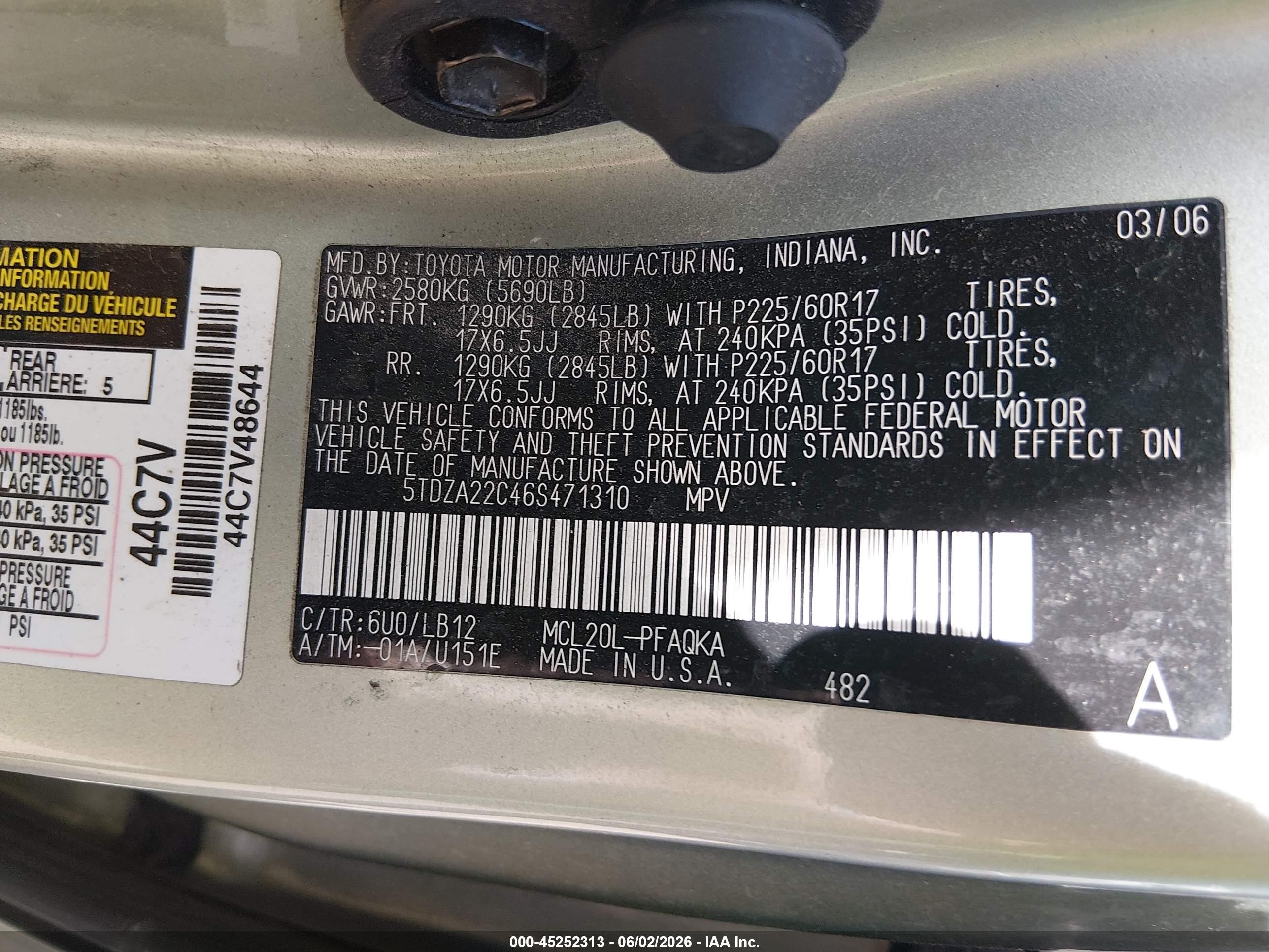 2006 Toyota Sienna Xle Limited Зеленый vin: 5TDZA22C46S471310