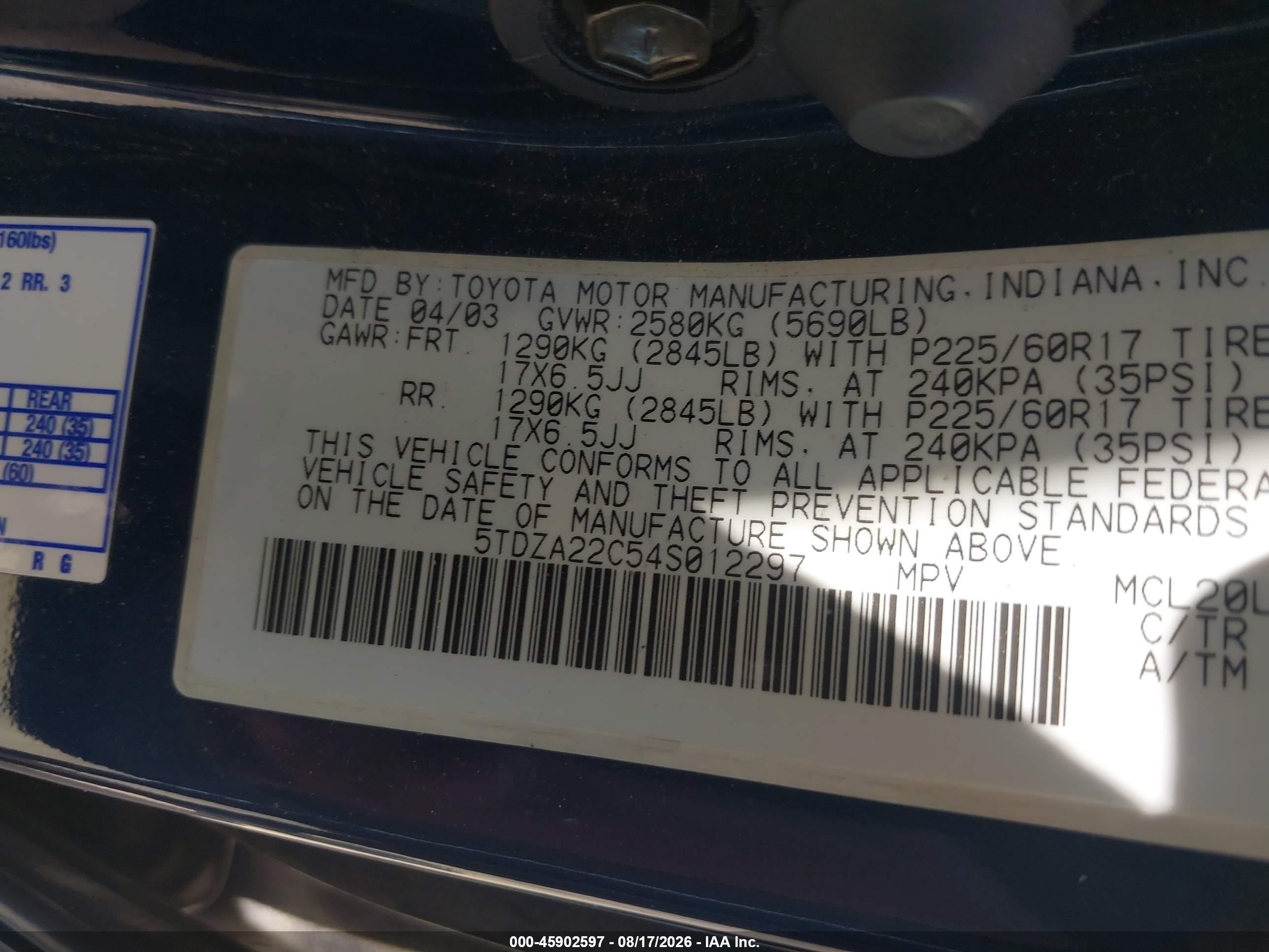 2004 Toyota Sienna Xle Blue vin: 5TDZA22C54S012297