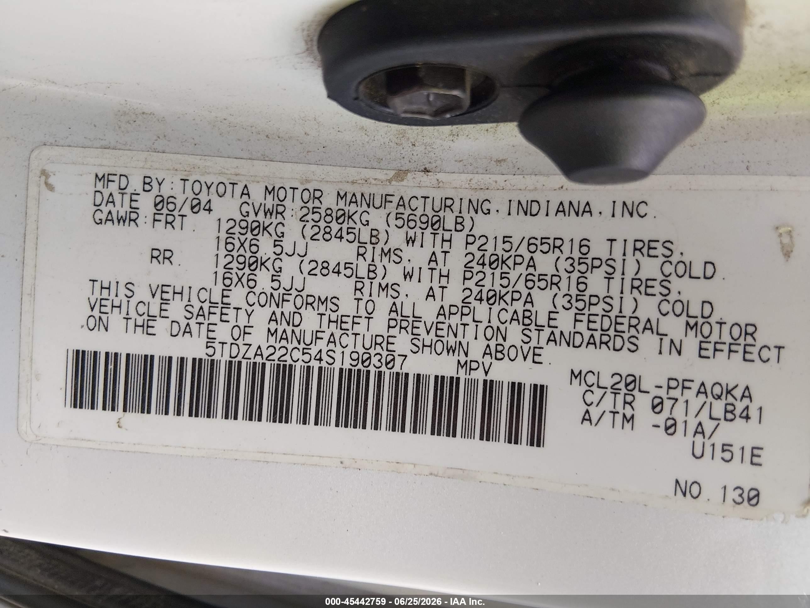 2004 Toyota Sienna Xle White vin: 5TDZA22C54S190307