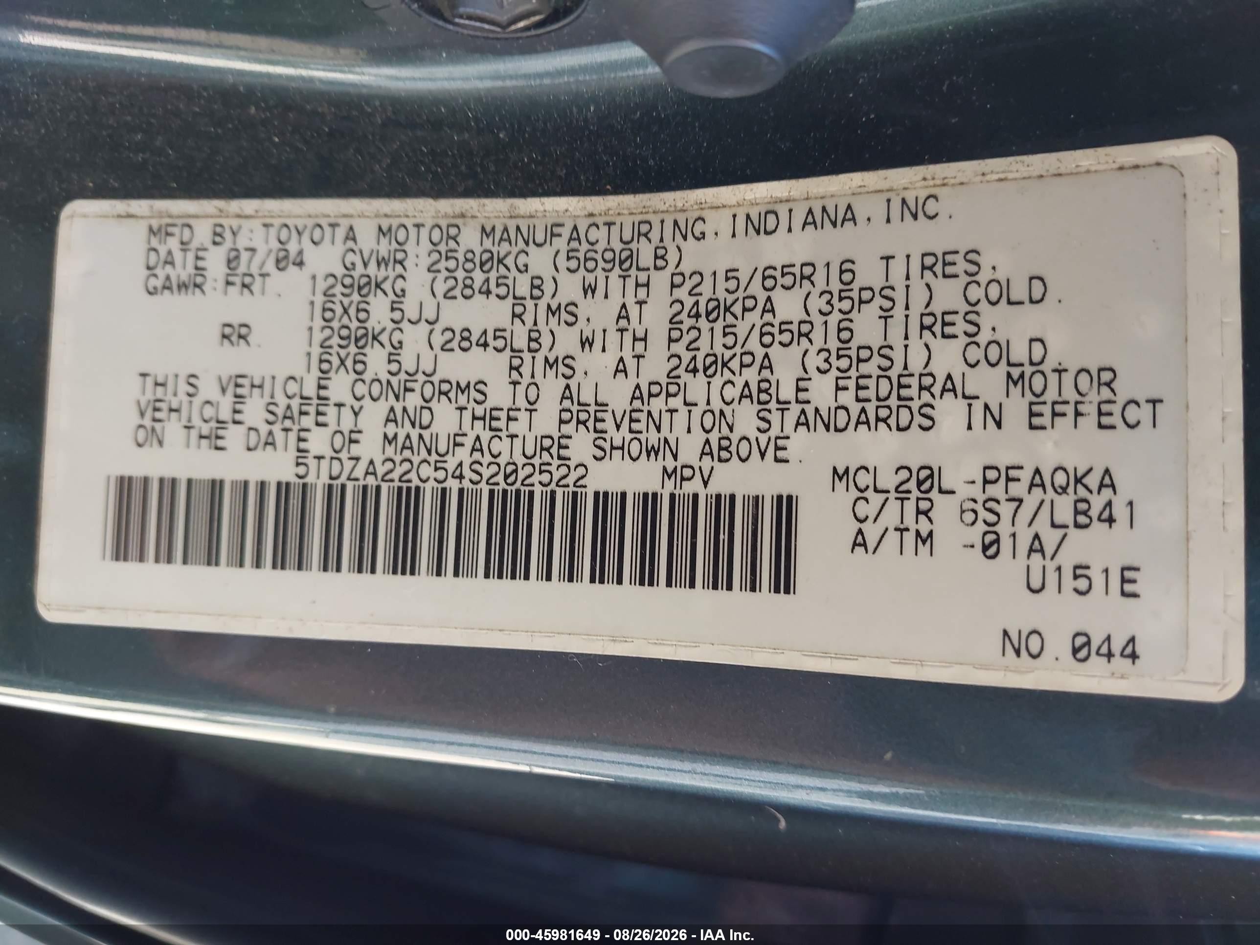 2004 Toyota Sienna Xle Gray vin: 5TDZA22C54S202522