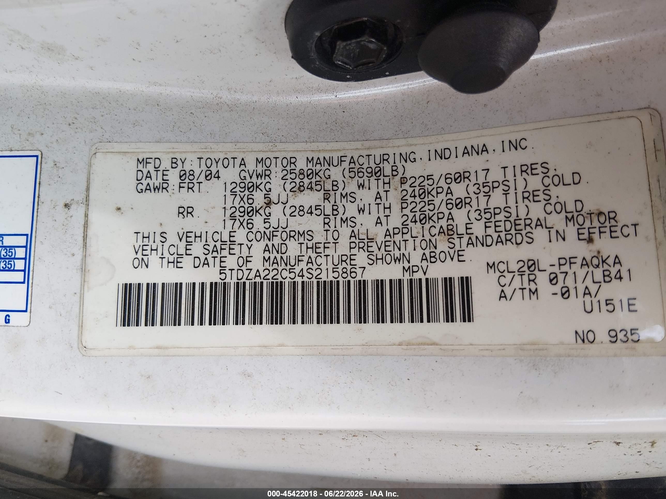 2004 Toyota Sienna Xle White vin: 5TDZA22C54S215867