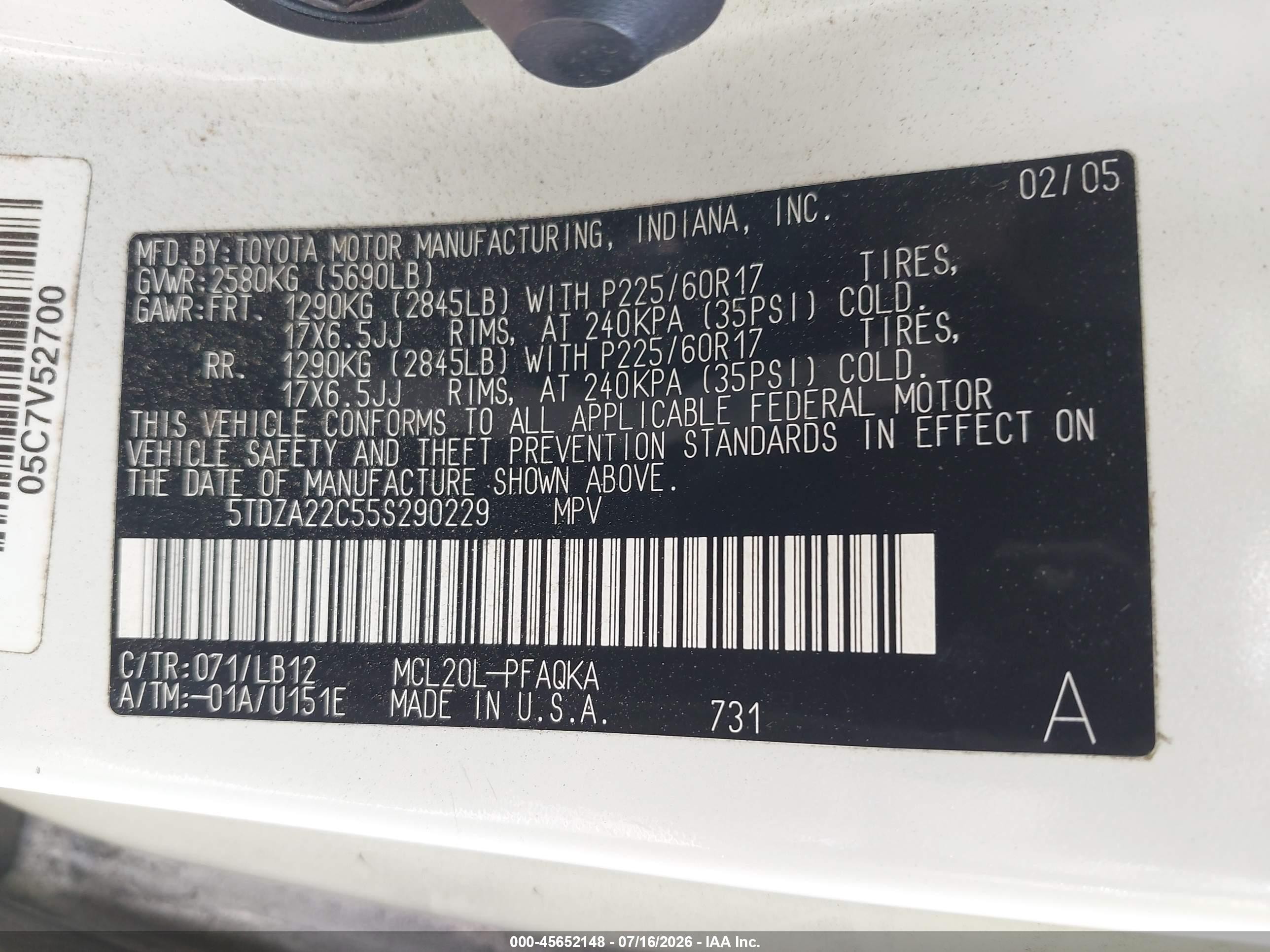 2005 Toyota Sienna Xle Limited Белый vin: 5TDZA22C55S290229