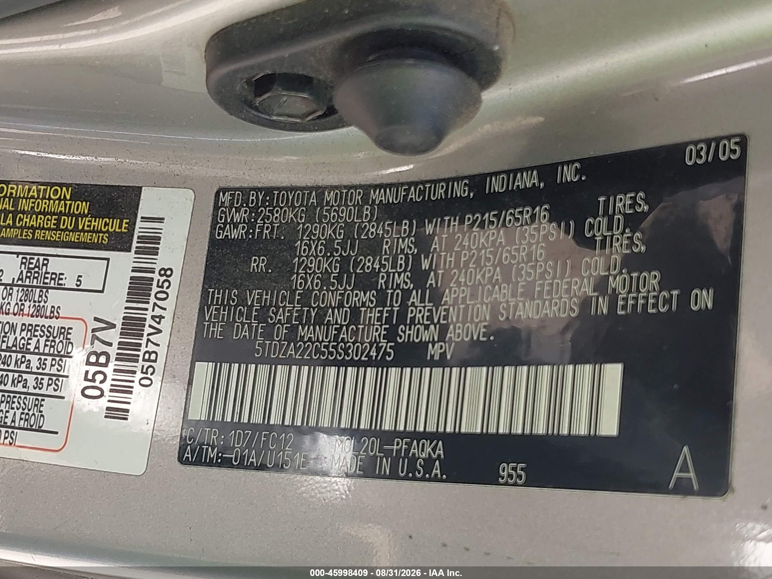 2005 Toyota Sienna Xle Champagne vin: 5TDZA22C55S302475