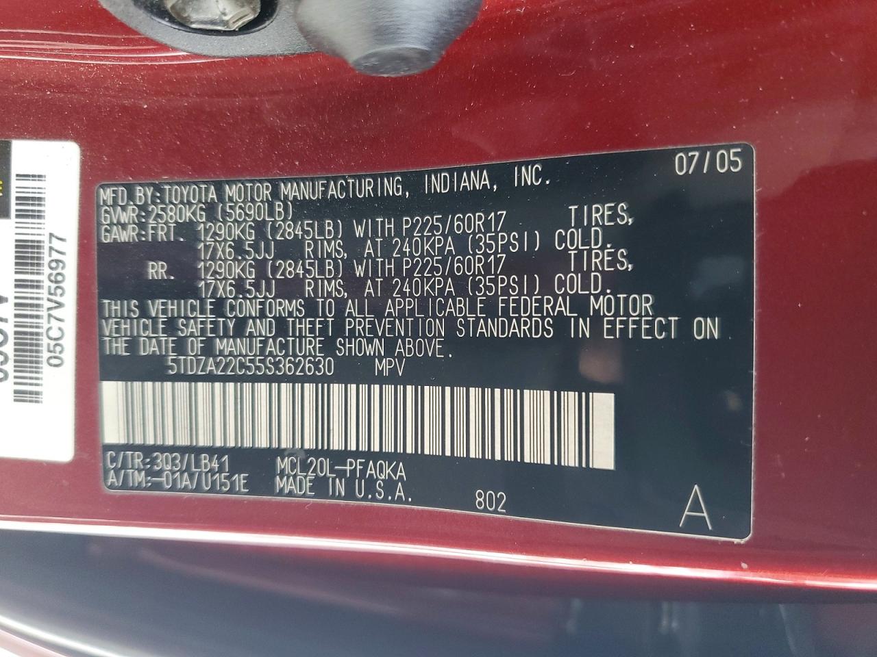 2005 Toyota Sienna Xle Burgundy vin: 5TDZA22C55S362630