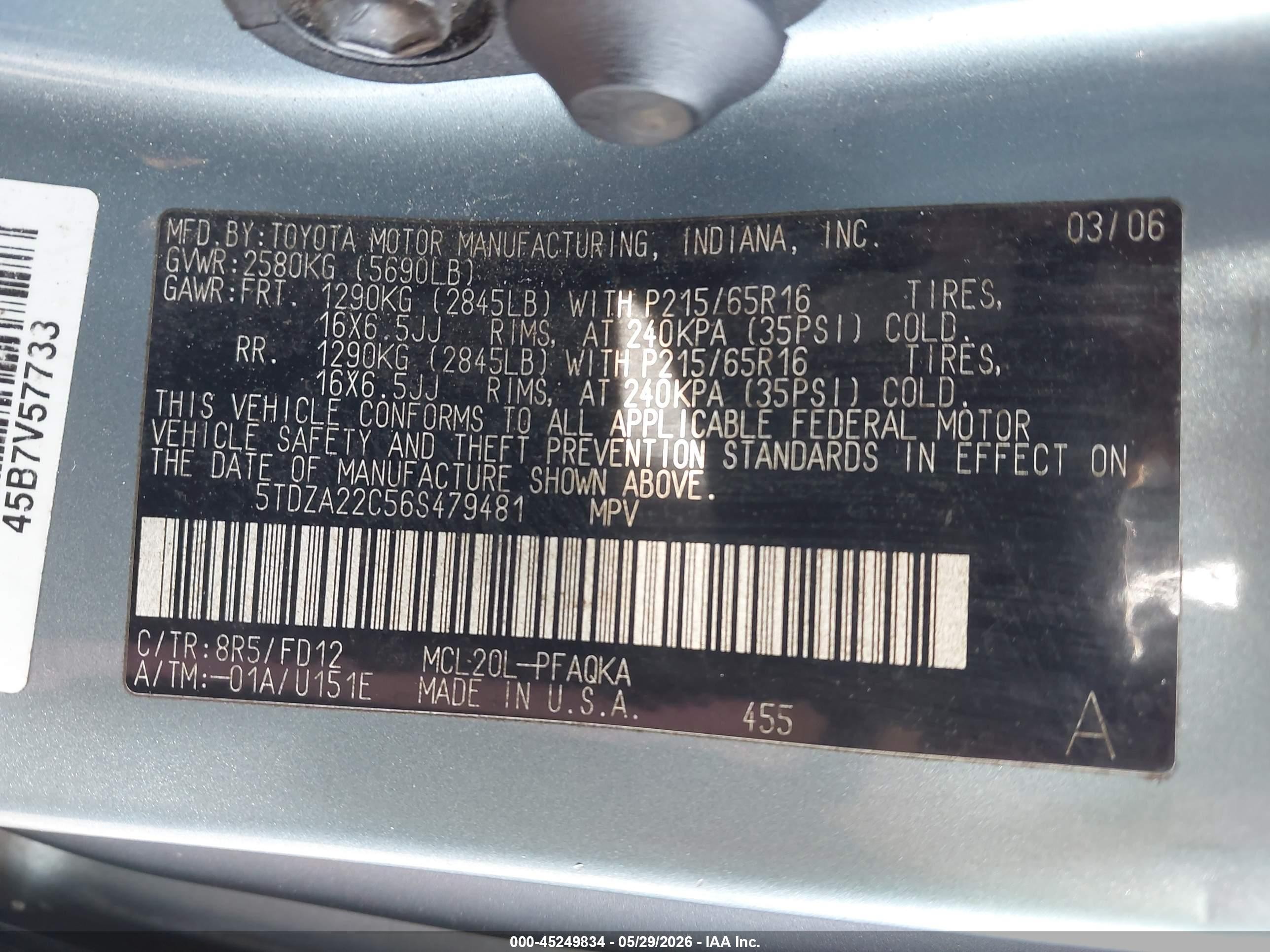 2006 Toyota Sienna Xle Blue vin: 5TDZA22C56S479481