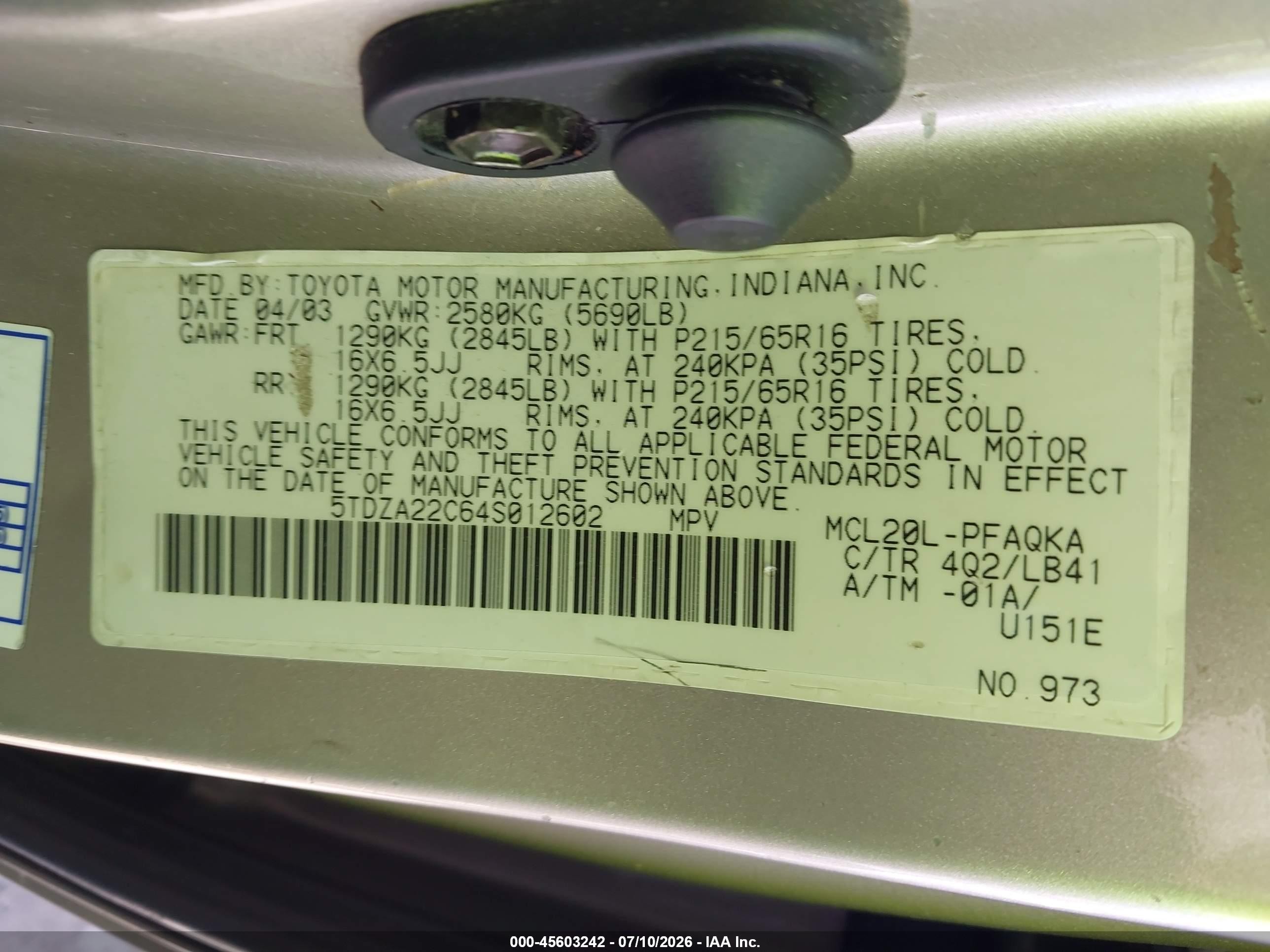 2004 Toyota Sienna Xle Gold vin: 5TDZA22C64S012602