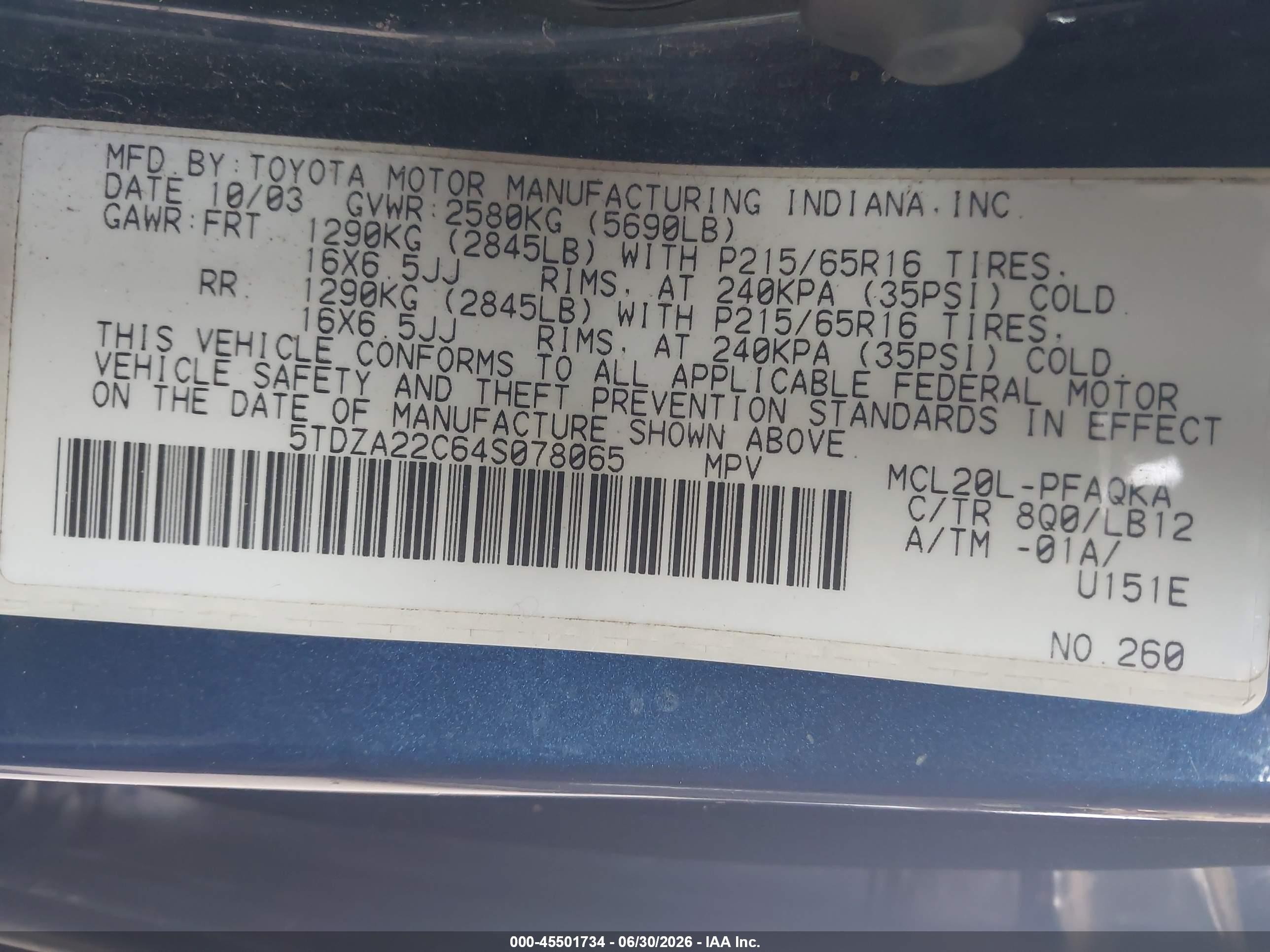 2004 Toyota Sienna Xle Blue vin: 5TDZA22C64S078065