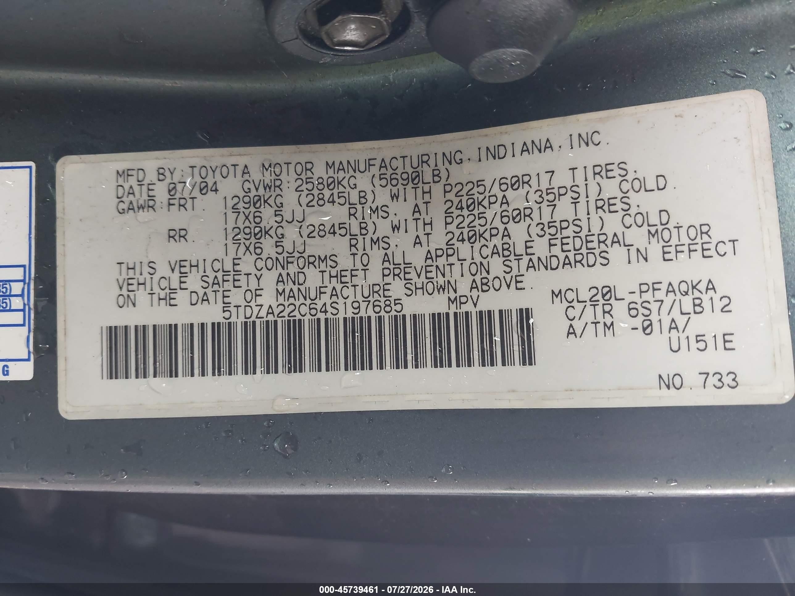 2004 Toyota Sienna Xle Green vin: 5TDZA22C64S197685