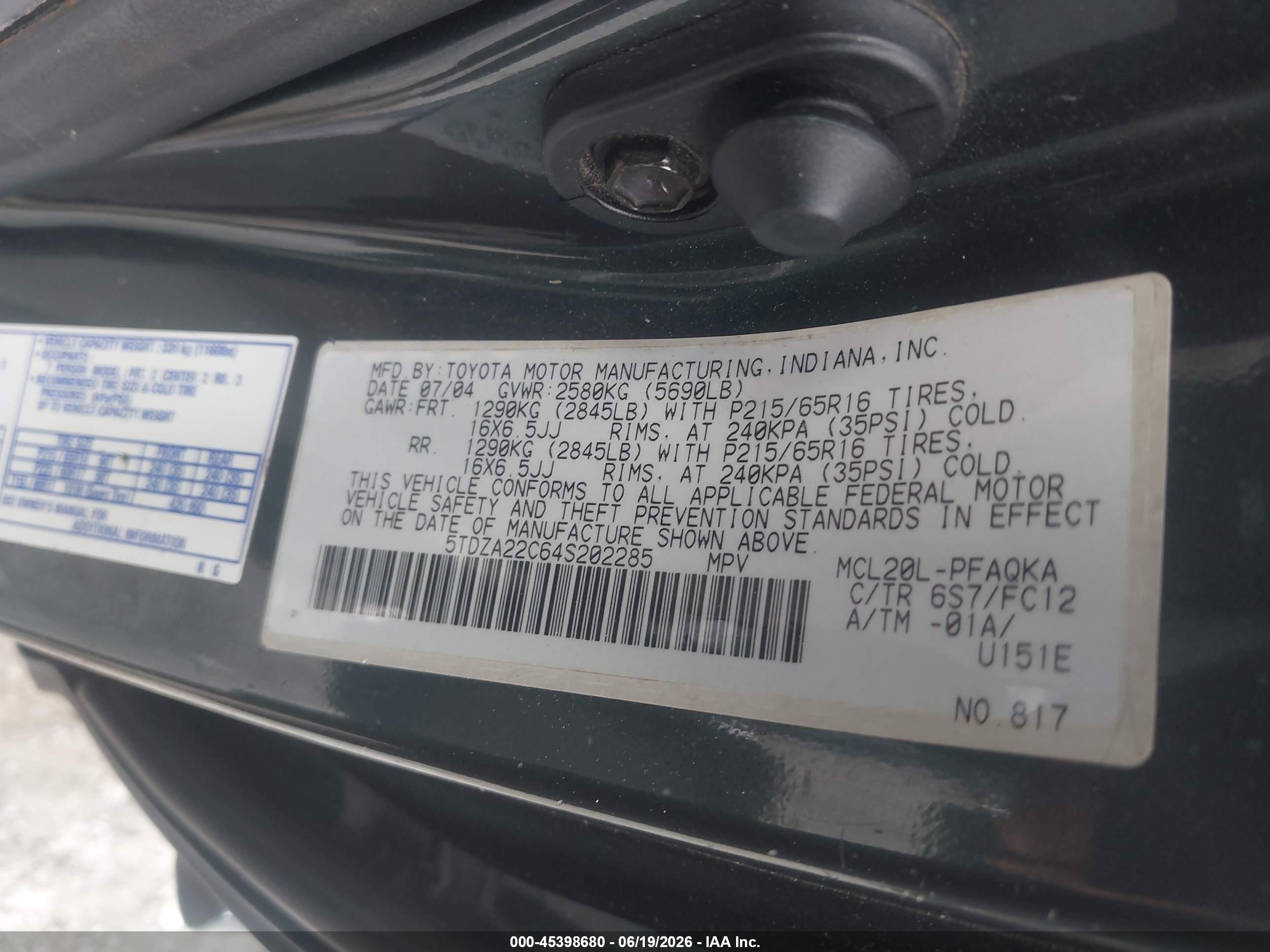 2004 Toyota Sienna Xle Green vin: 5TDZA22C64S202285