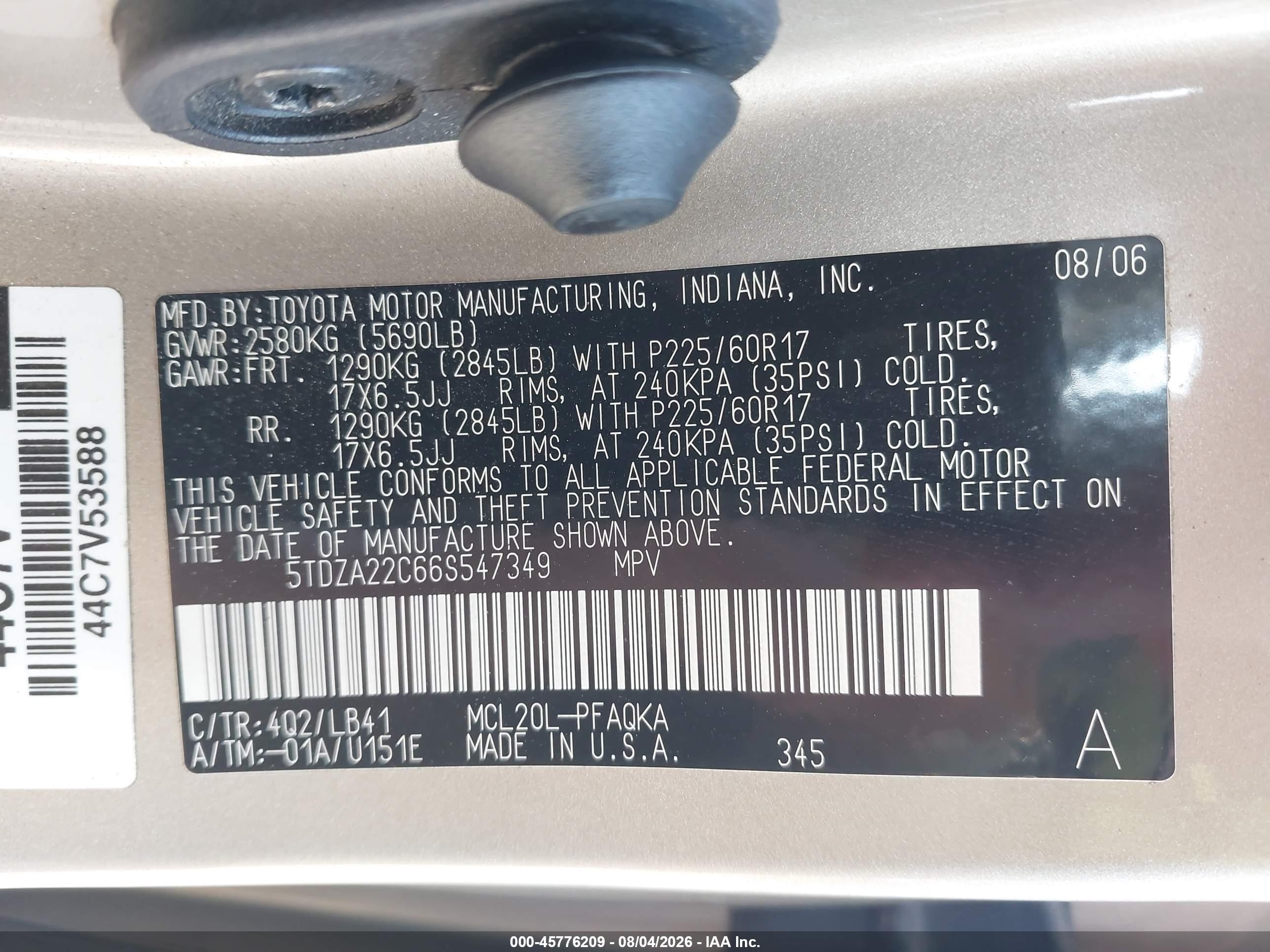2006 Toyota Sienna Xle Champagne vin: 5TDZA22C66S547349