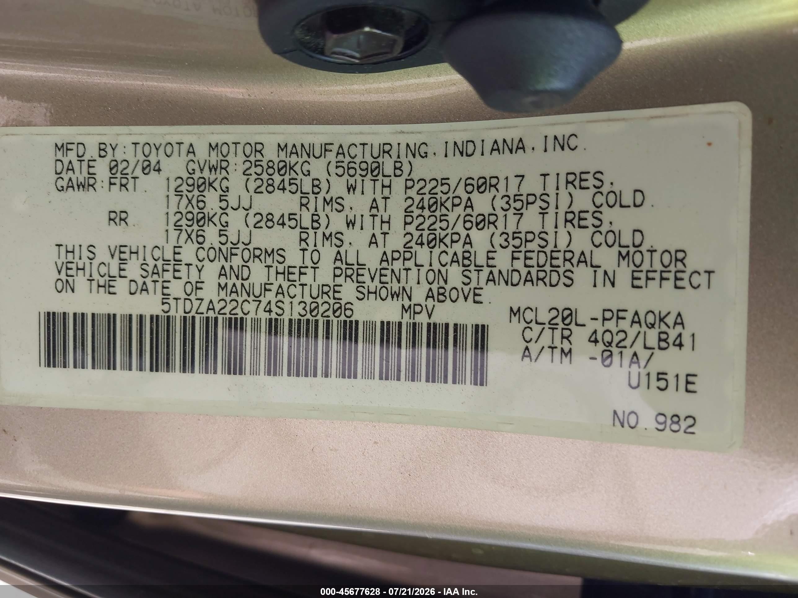 2004 Toyota Sienna Xle Tan vin: 5TDZA22C74S130206
