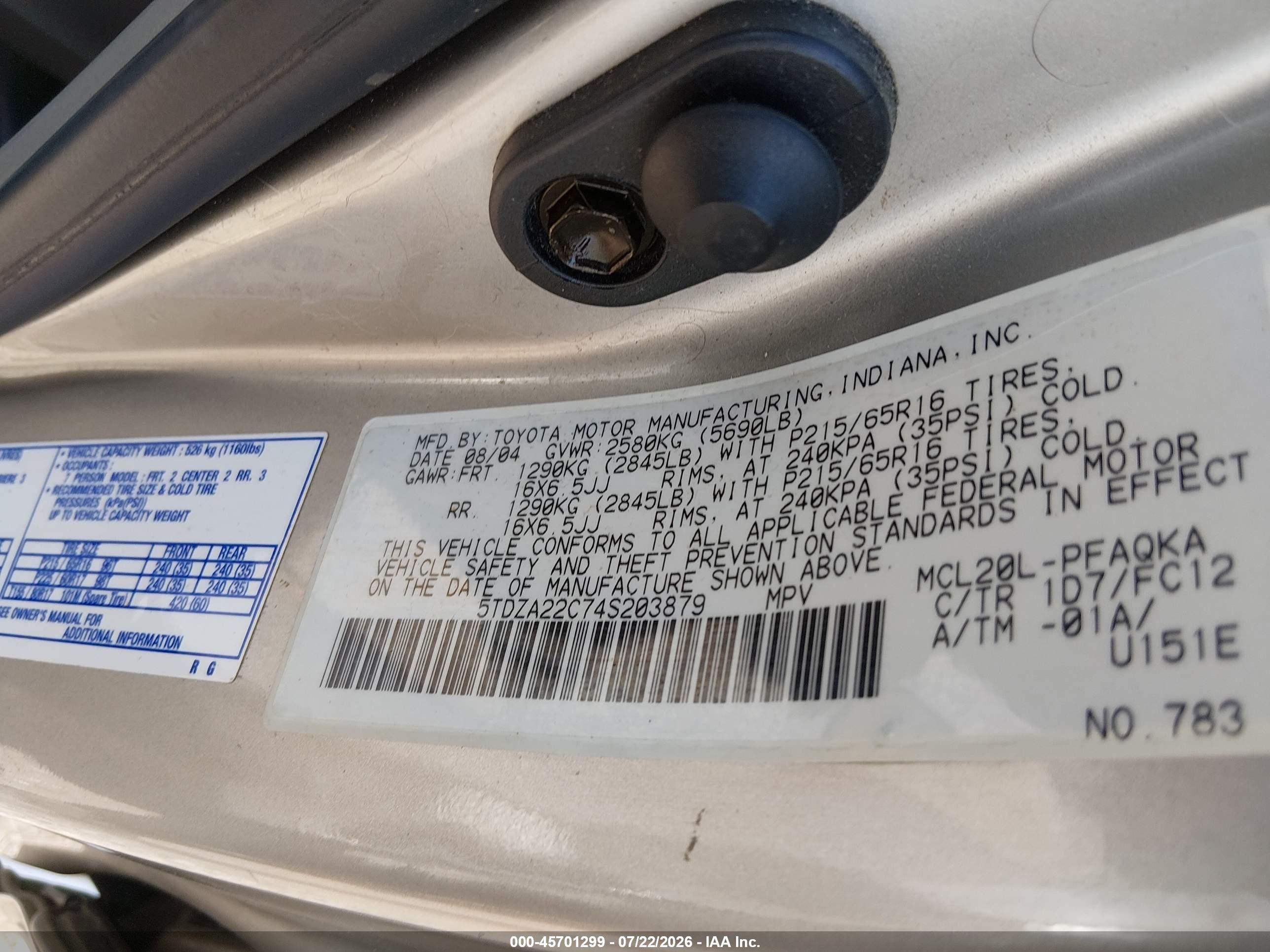 2004 Toyota Sienna Xle Silver vin: 5TDZA22C74S203879