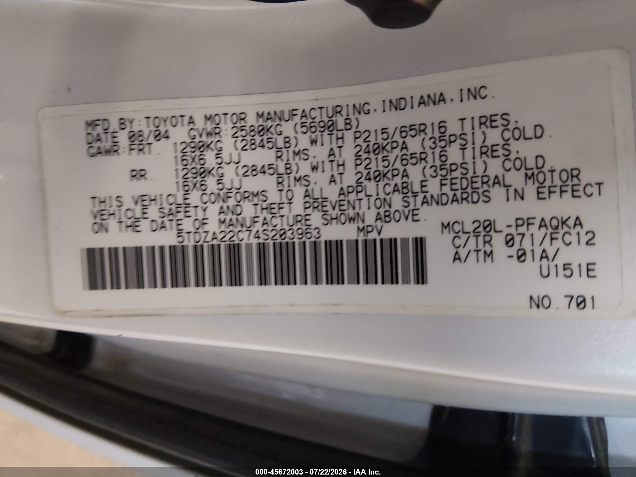 2004 Toyota Sienna Xle White vin: 5TDZA22C74S203963