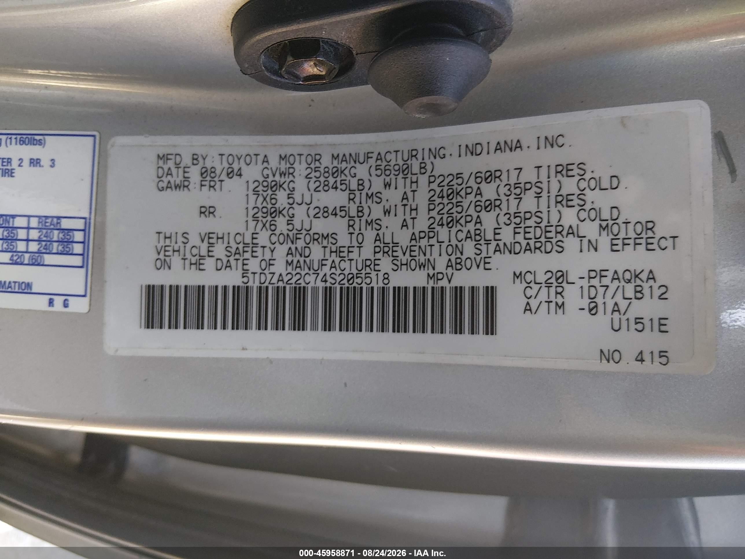 2004 Toyota Sienna Xle Silver vin: 5TDZA22C74S205518