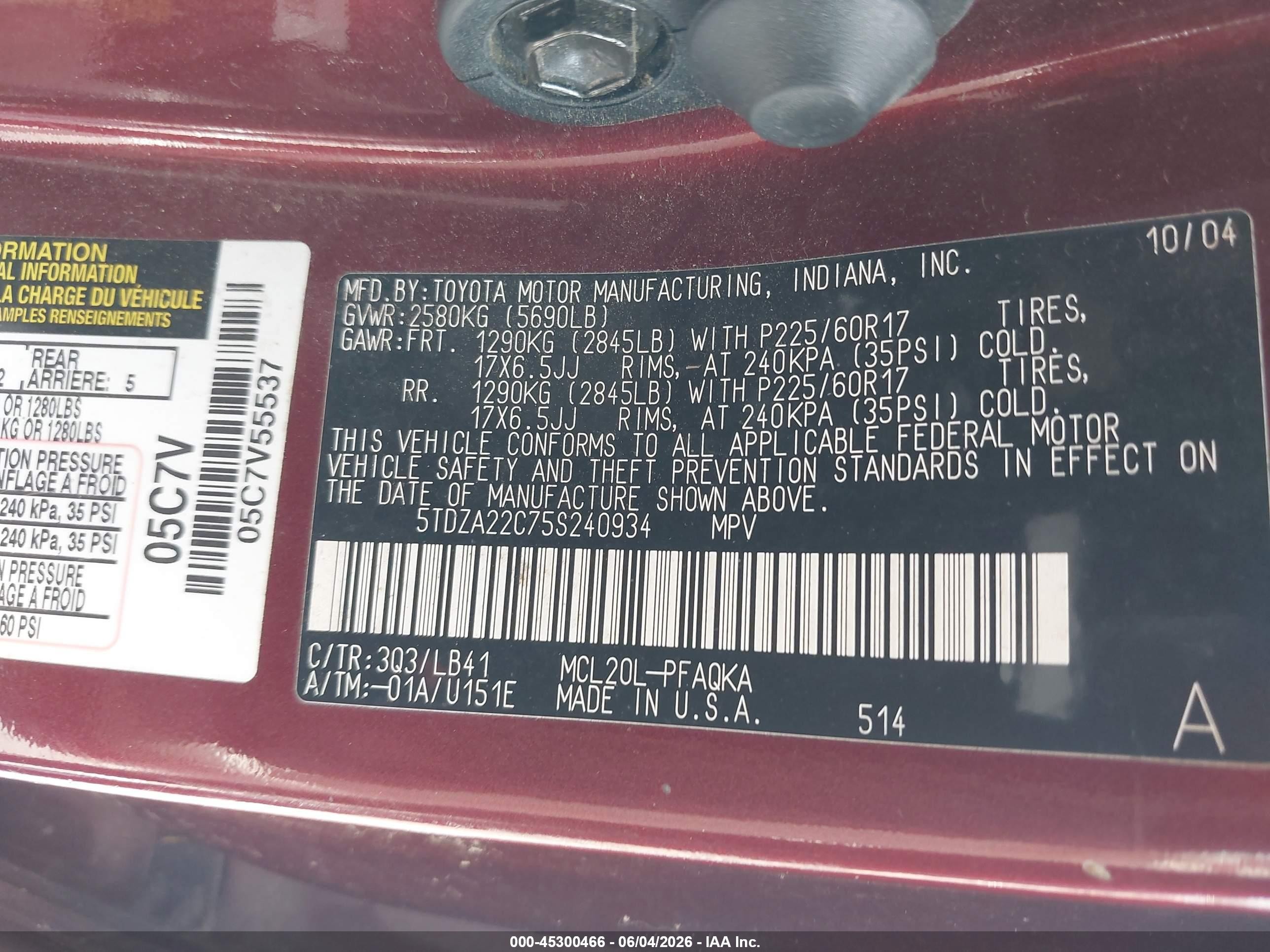 2005 Toyota Sienna Xle Limited Red vin: 5TDZA22C75S240934